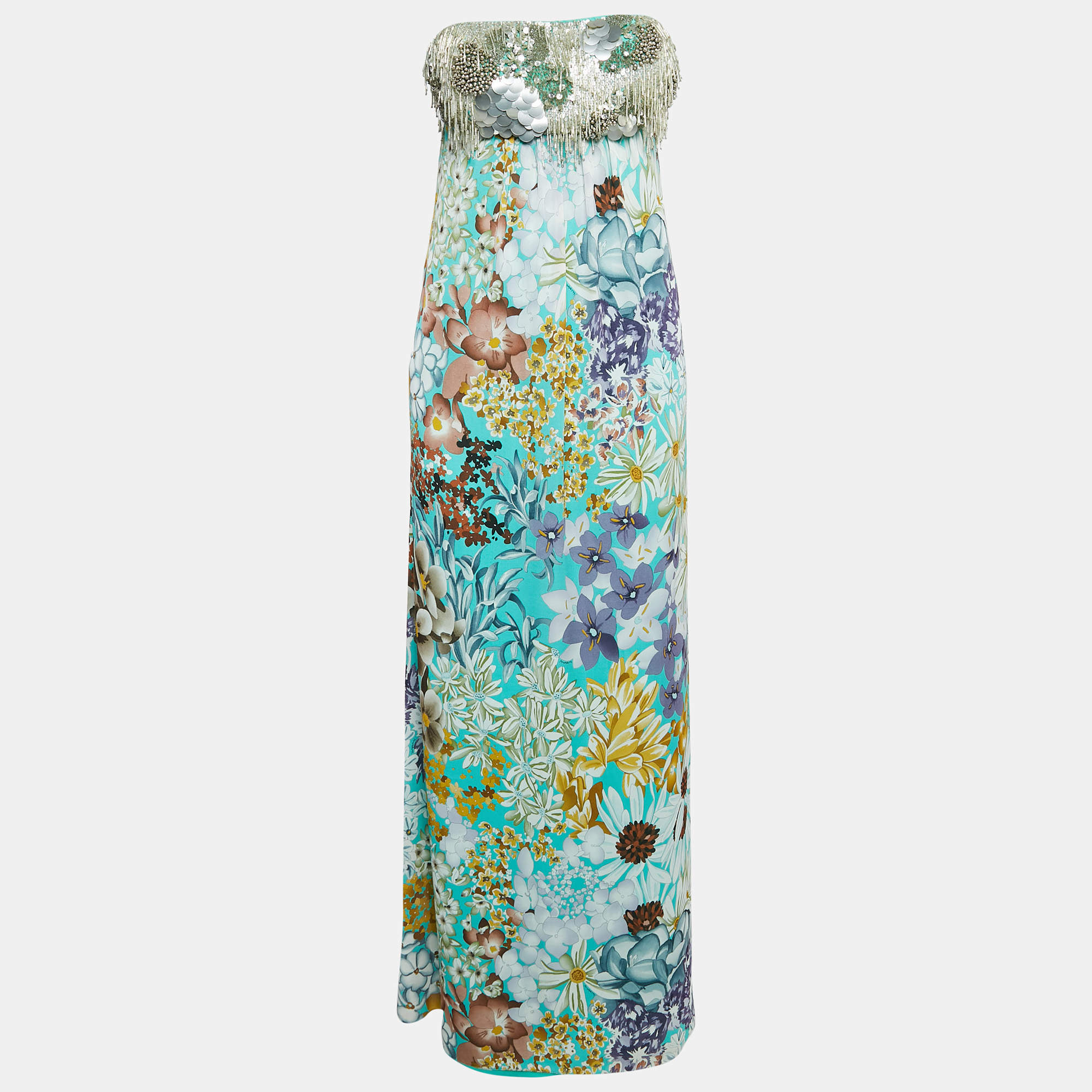 Pre Owned Missoni Multicolor Floral Print Embellished Silk Strapless Long Dress L