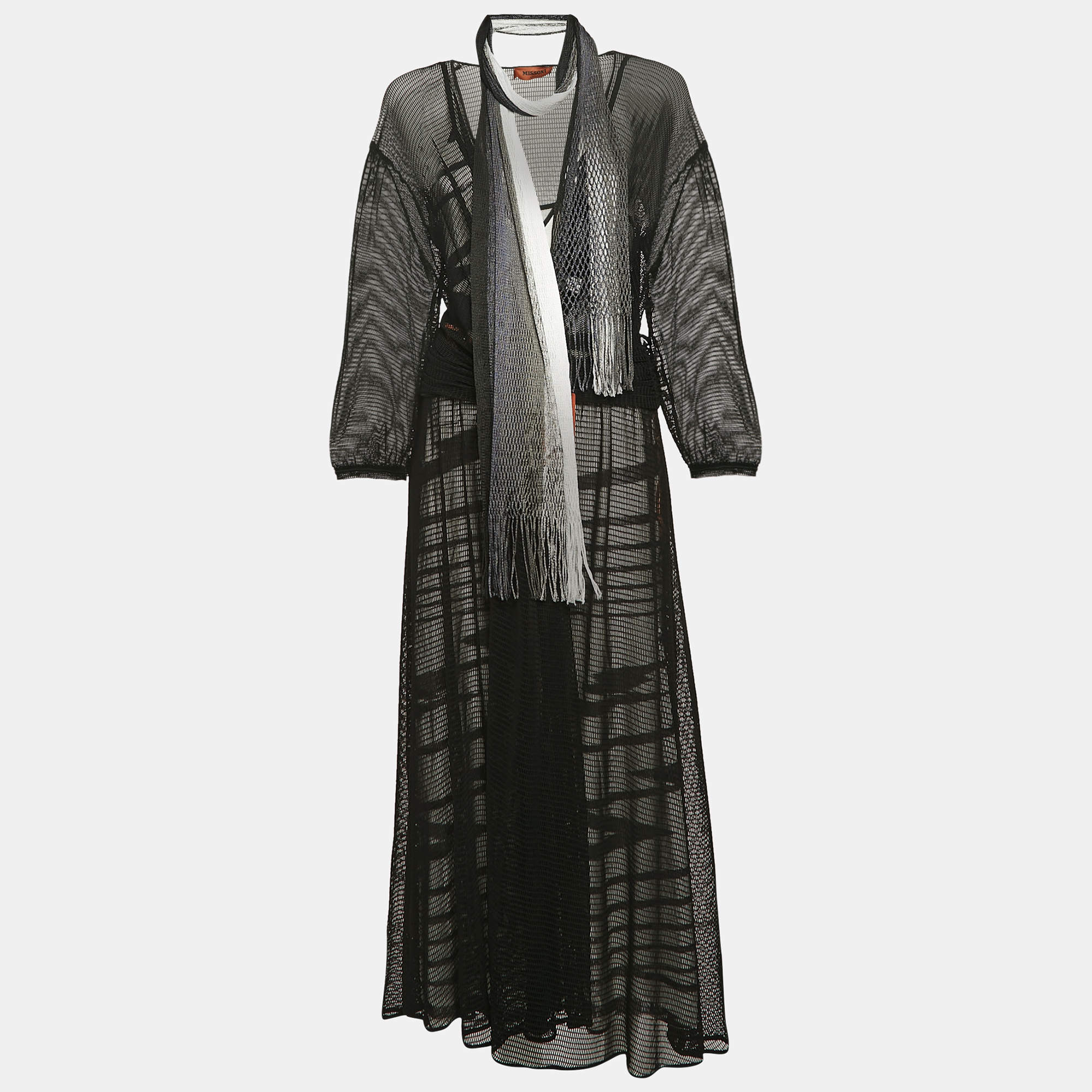 Pre Owned Missoni Black Mesh Wrap Style Maxi Dress With Scarf M