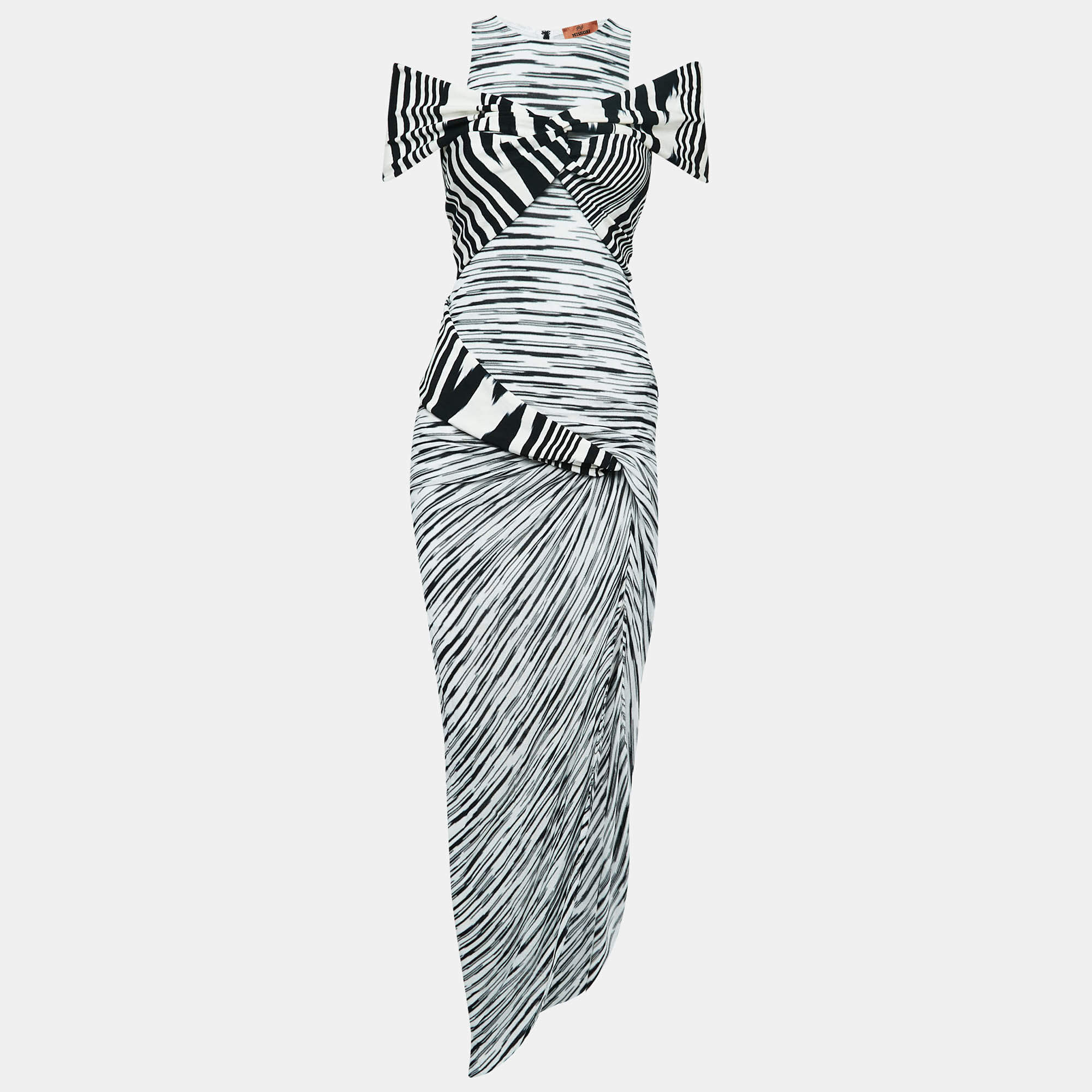 Pre Owned Missoni Black Stripe Stretch Knit Draped Off-shoulder Midi Dress M