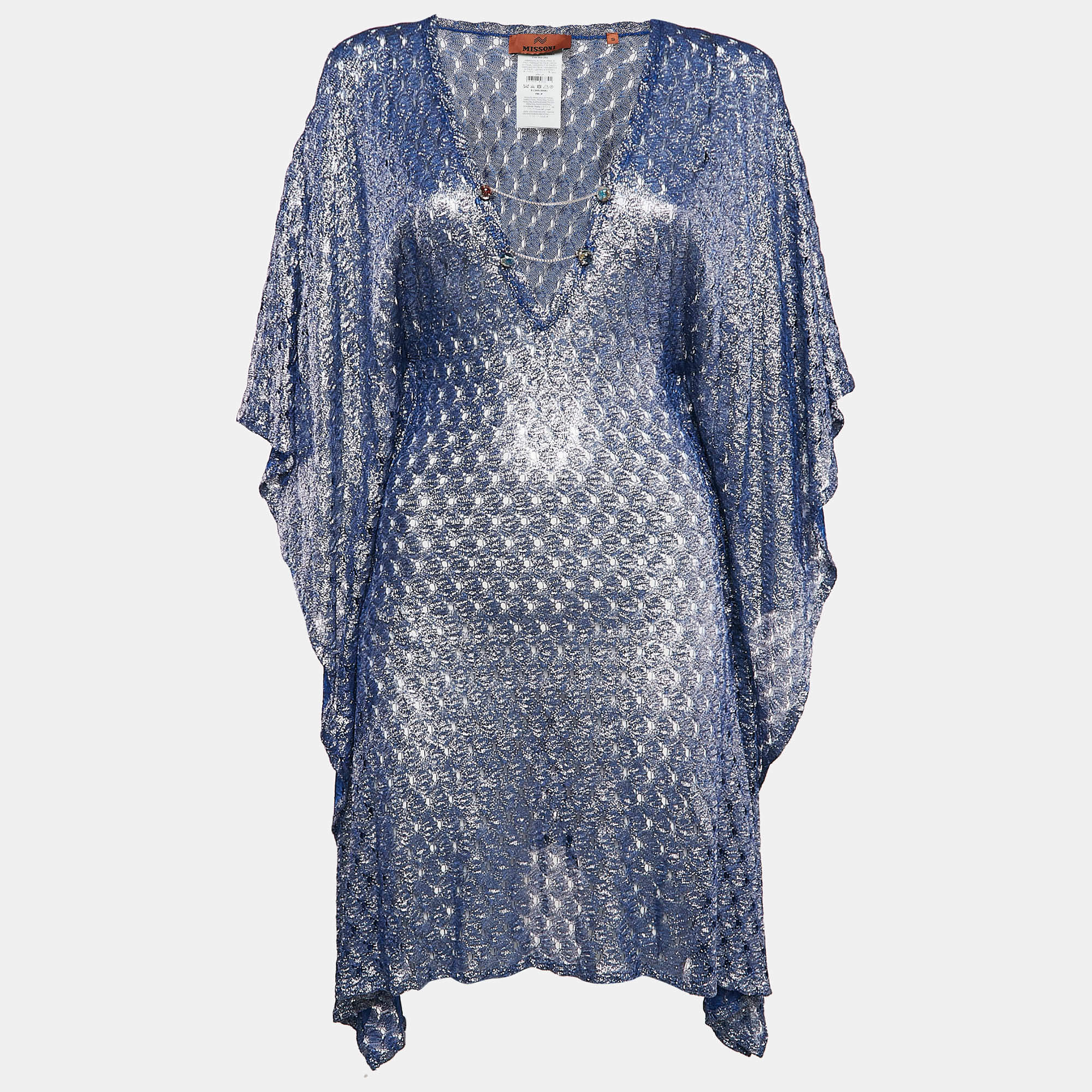 Pre Owned Missoni Silver/Blue Patterned Knit Mini Kaftan Dress S