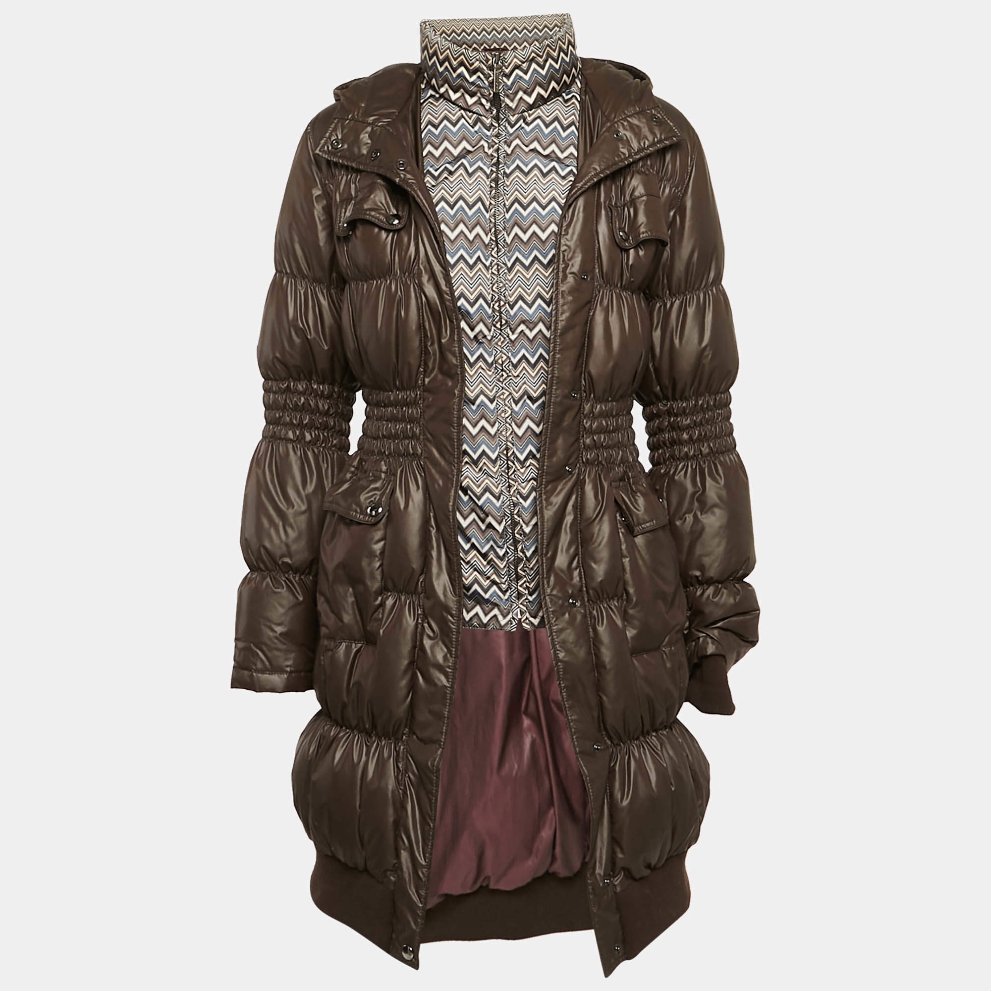 Missoni Olive Green Chevron Print Nylon Shirring Puffer Down Jacket M