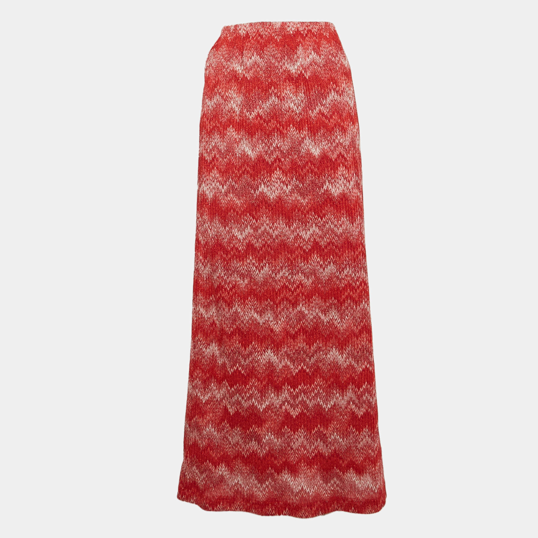 Pre Owned Missoni Red Chevron Lurex Knit Midi Skirt S