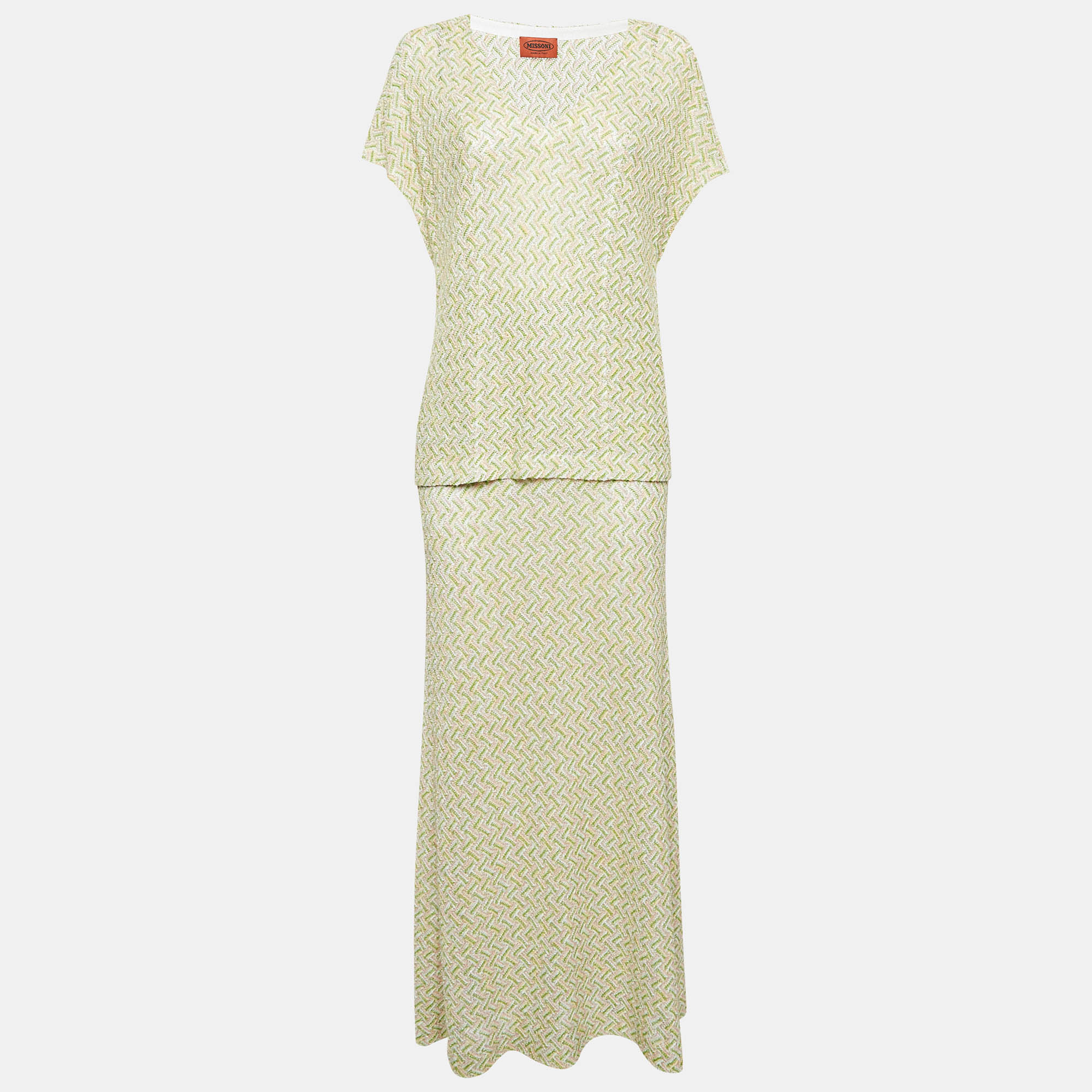 Pre Owned Missoni Green/Beige Lurex Knit Top and Skirt Set M