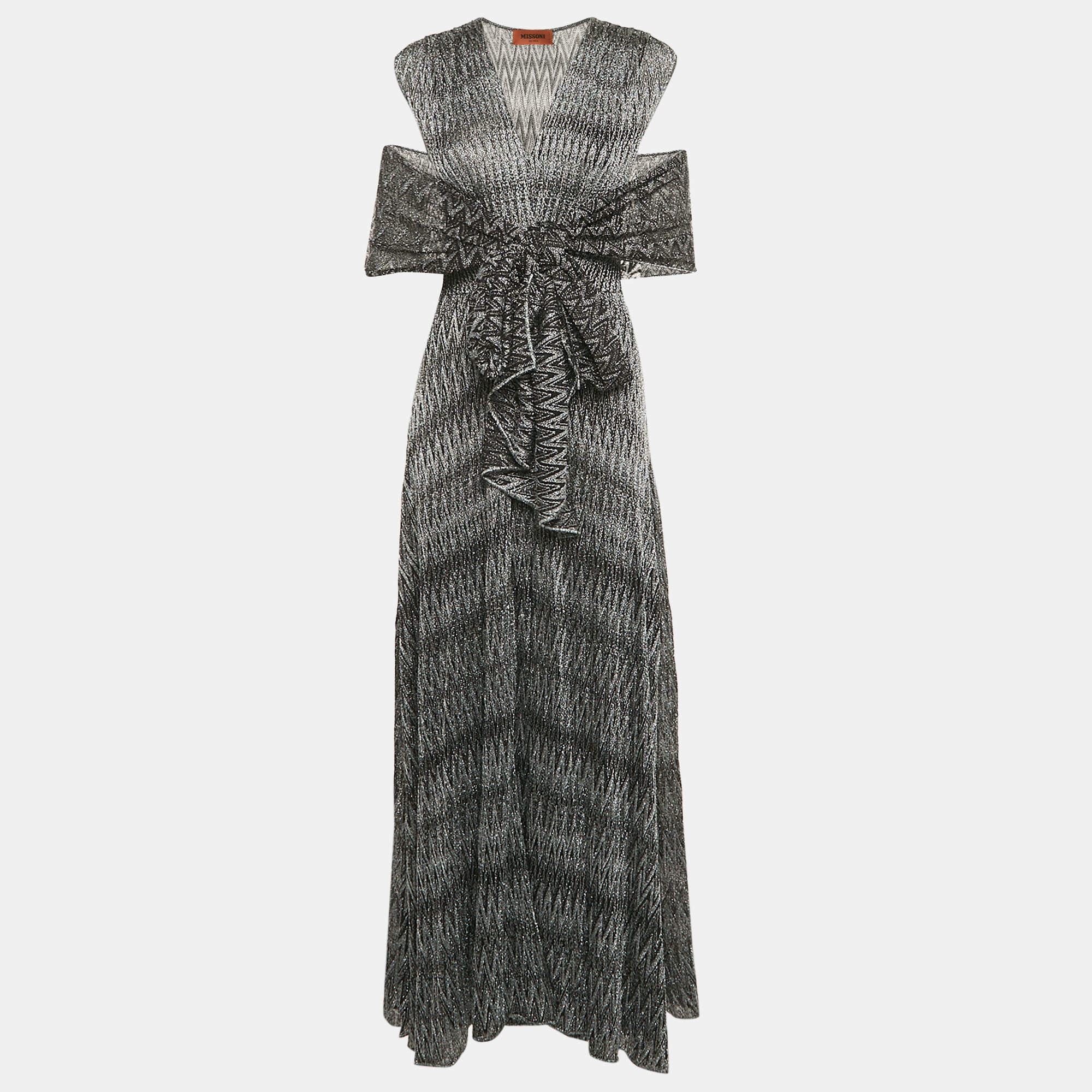Missoni Black/Grey Chevron Lurex Knit V-Neck Sleeveless Maxi Dress S