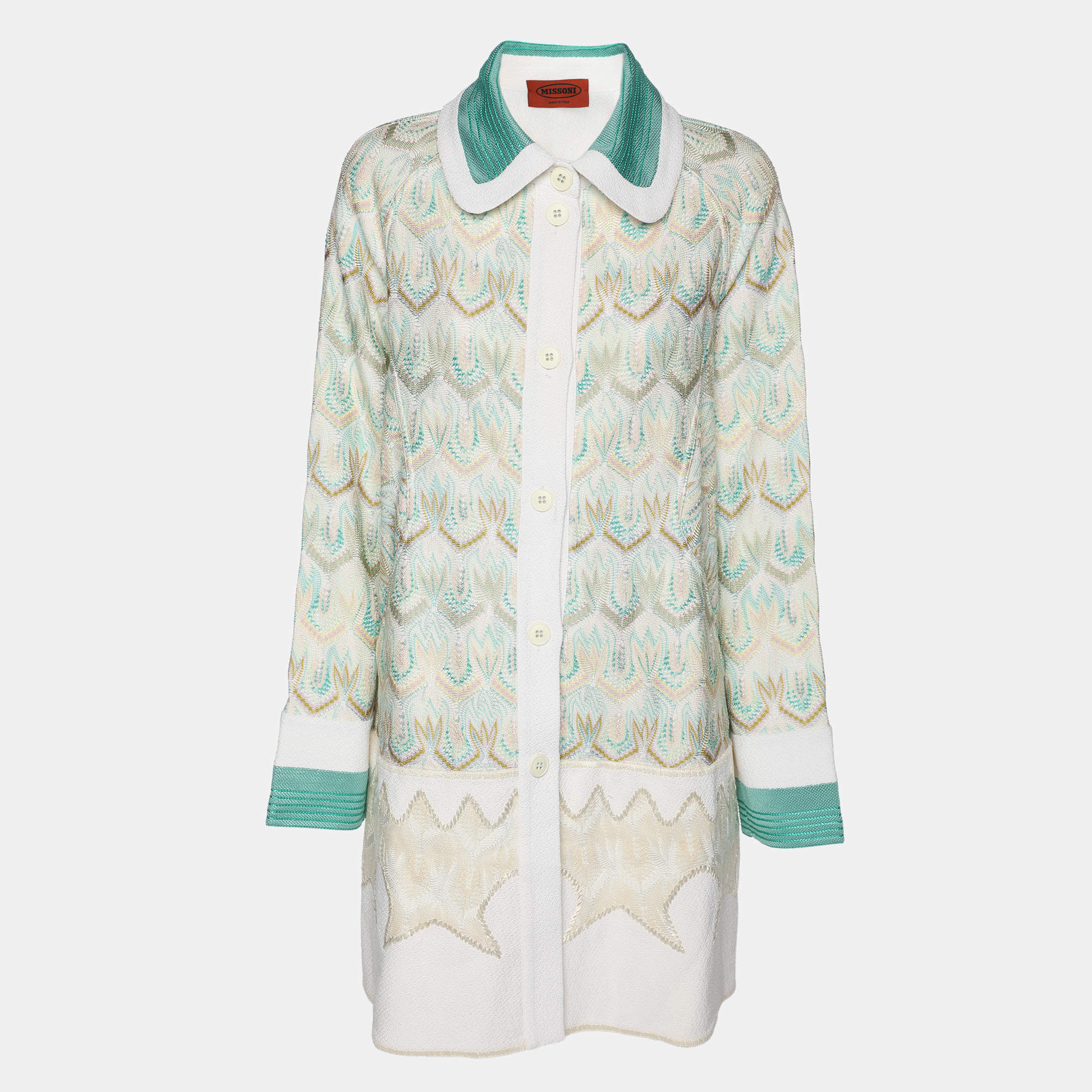Missoni Green/Cream Wave Knit Button Down Long Cardigan S