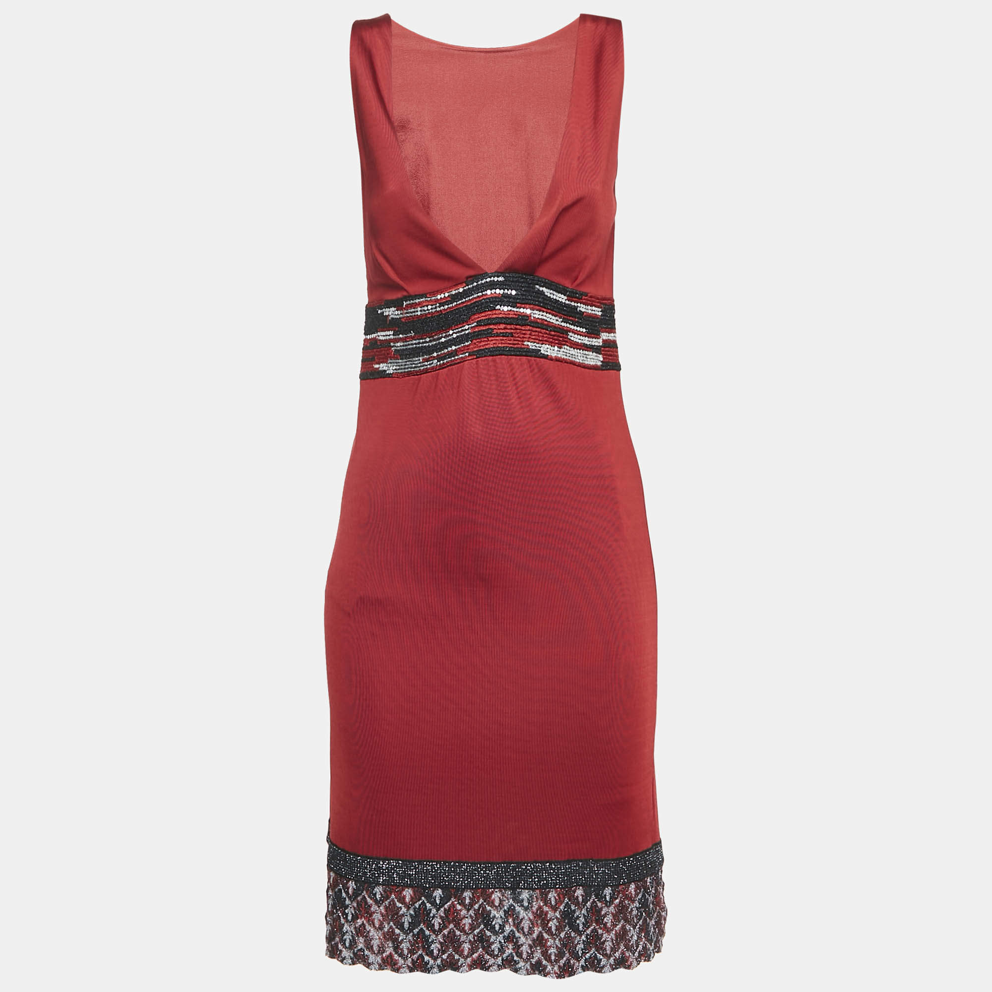 Pre Owned Missoni Dress Red Embellished Jersey V-Neck Short Dress S