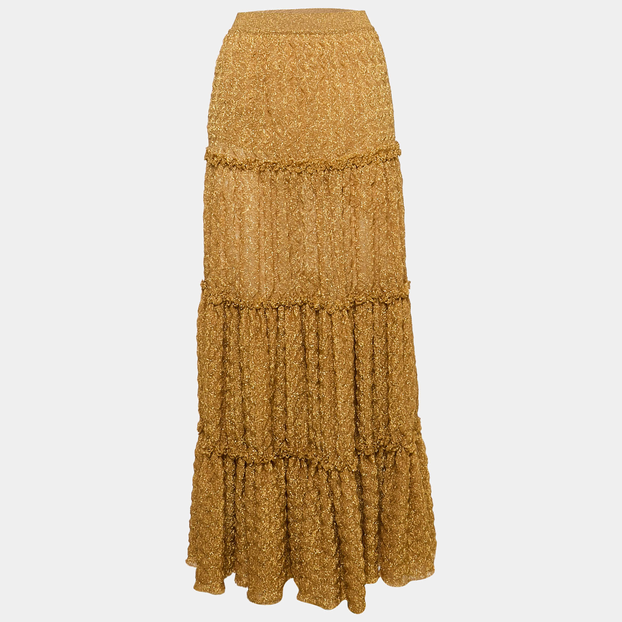 Pre Owned Missoni Metallic Gold Lurex Knit Tiered  Maxi Skirt M