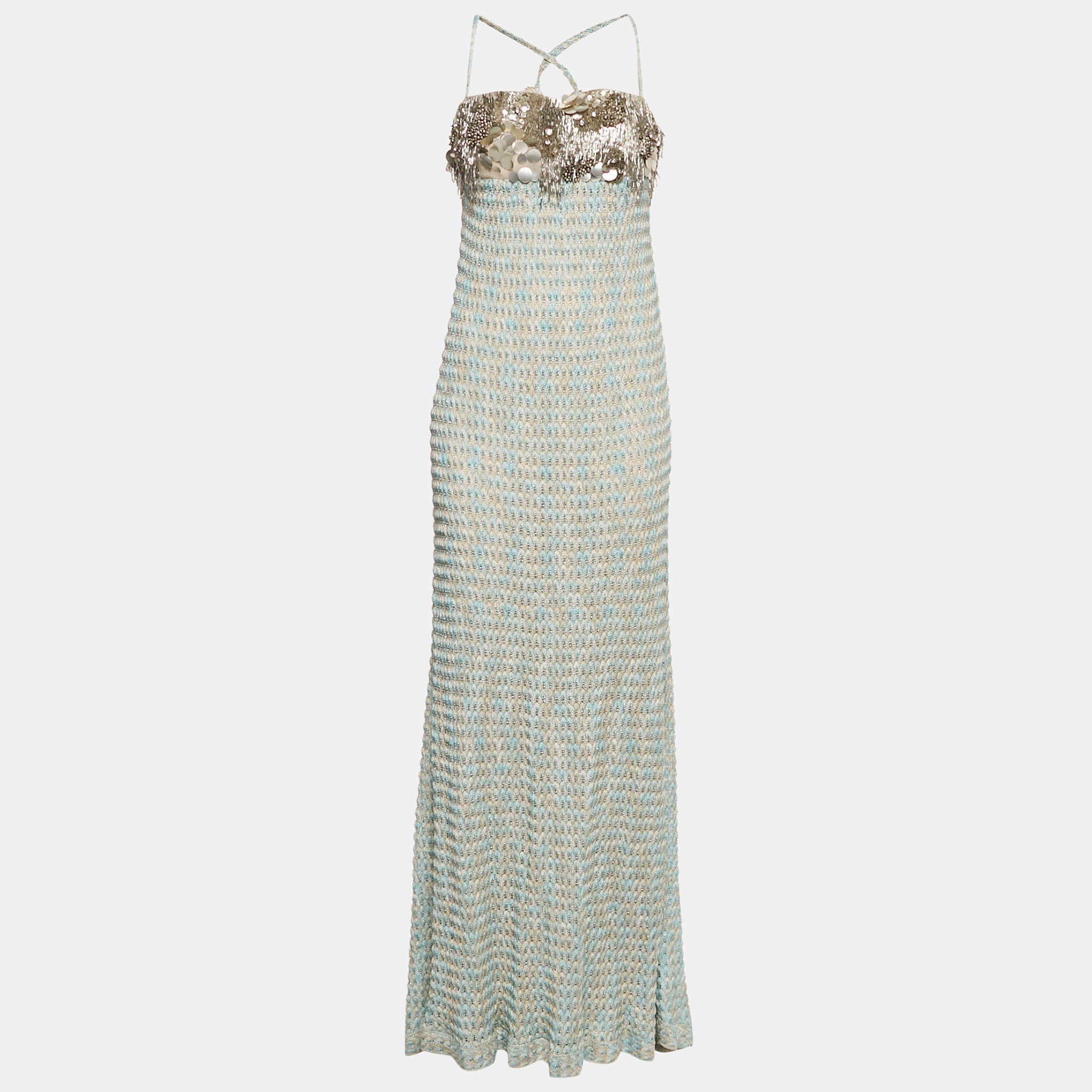 Pre Owned Missoni Blue Embellished Crochet Knit Strappy Maxi Dress S