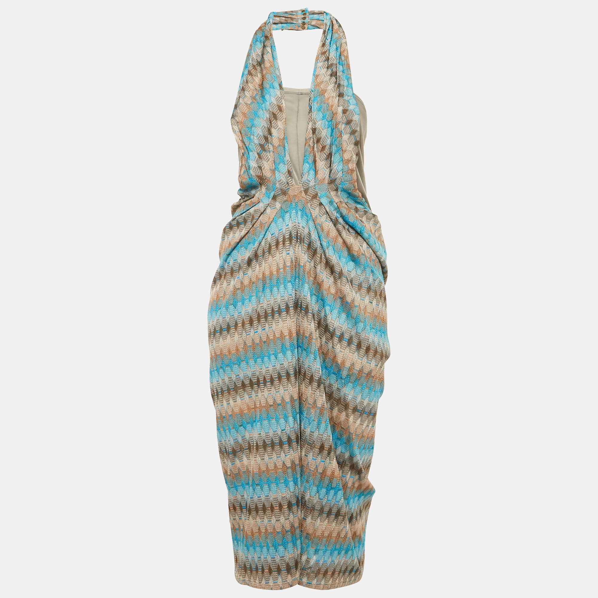 Pre Owned Missoni Blue Patterned Knit Halter Neck Midi Dress M
