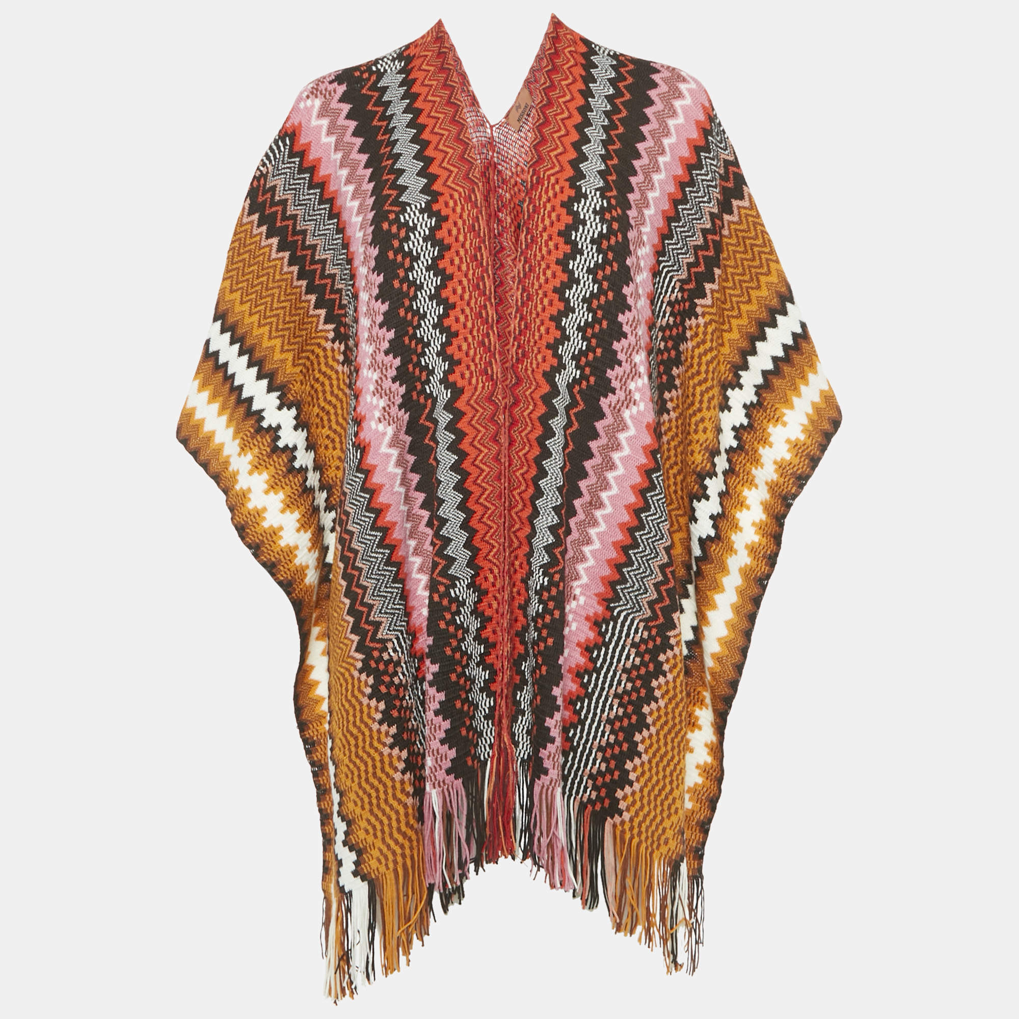 Pre Owned Missoni Orange Zigzag Knit Fringed Poncho One Size 