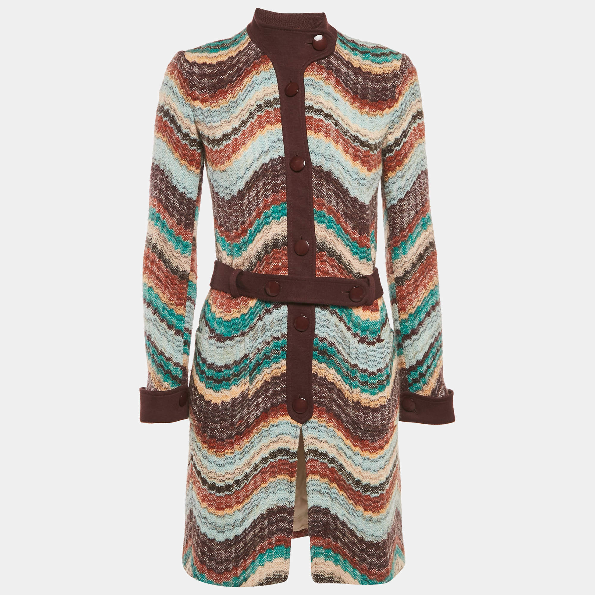 Missoni Multicolor Zig Zag Wool Knit Belted Coat S