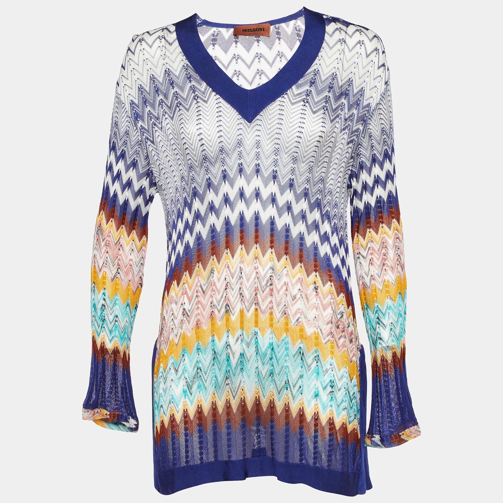 Pre Owned Missoni Blue Chevron Knit V-Neck Sheer Tunic S