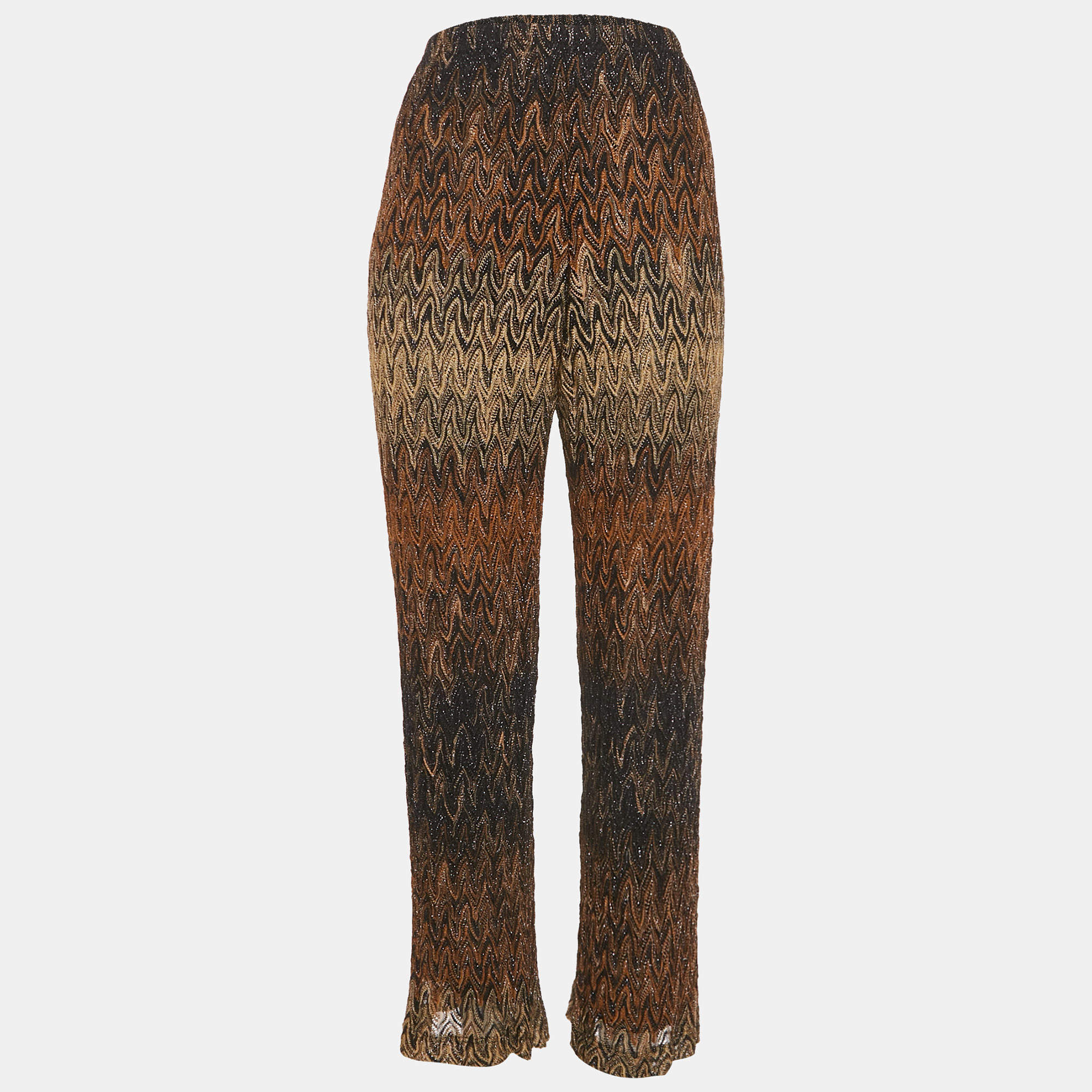 Pre Owned Missoni Brown Patterned Lurex Knit Flared Trousers M