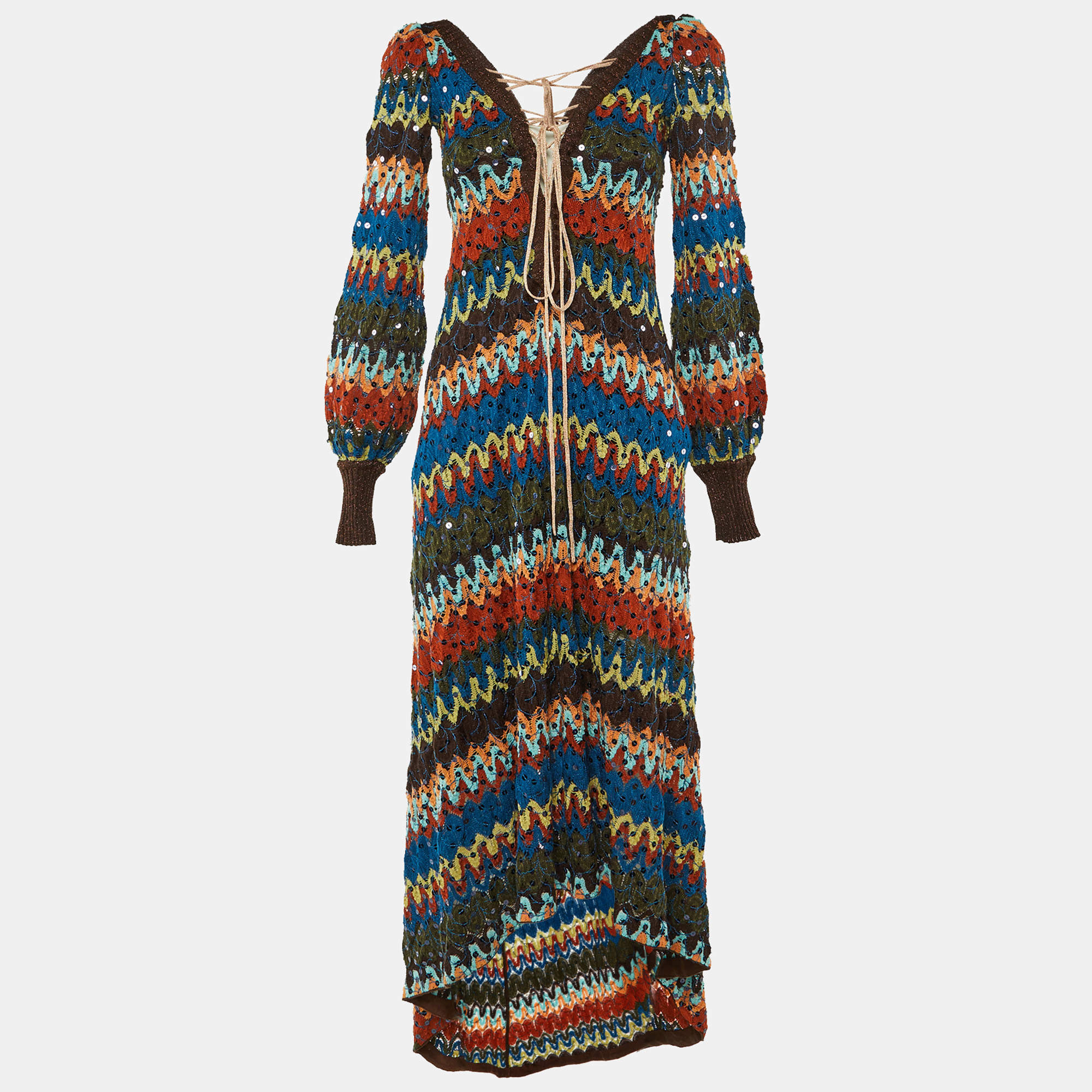 Pre Owned Missoni Multicolor Zig Zag Knit Sequin Embellished High Low Maxi Dress M