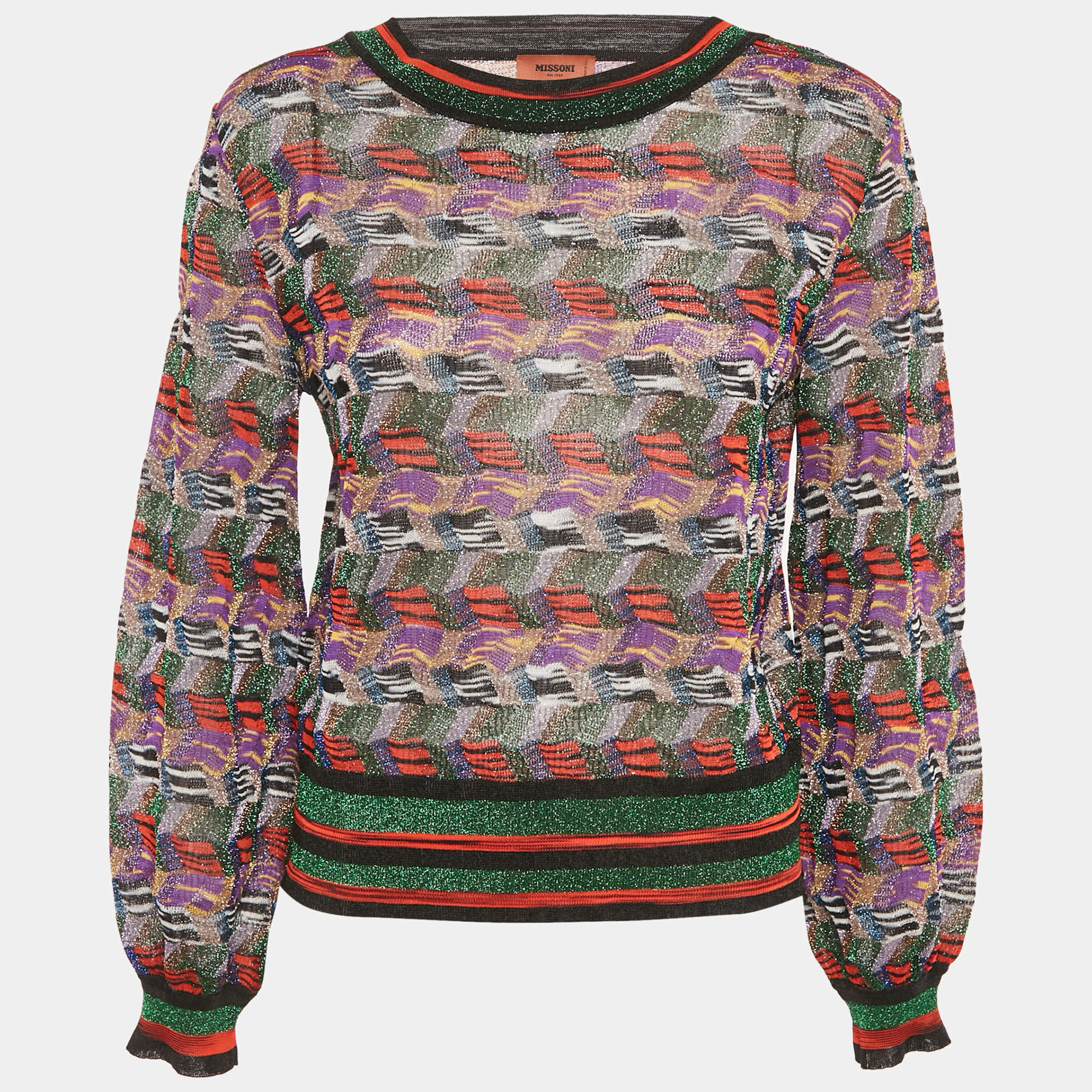 Pre Owned Missoni Multicolor Zig -Zag Lurex Knit Pullover L 