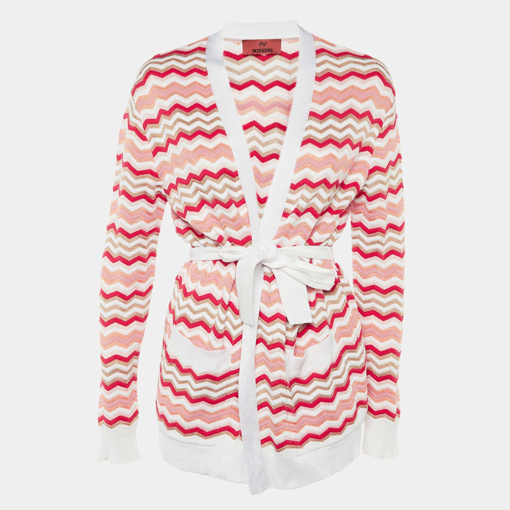 Pre Owned Missoni Multicolor Chevron Cotton Knit Belted Cardigan M