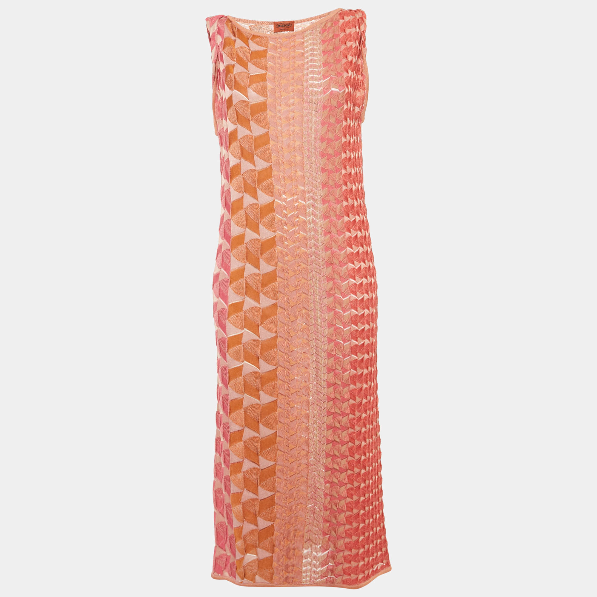 Pre Owned Missoni Pink/Orange Patterned Stretch Knit Midi Dress M