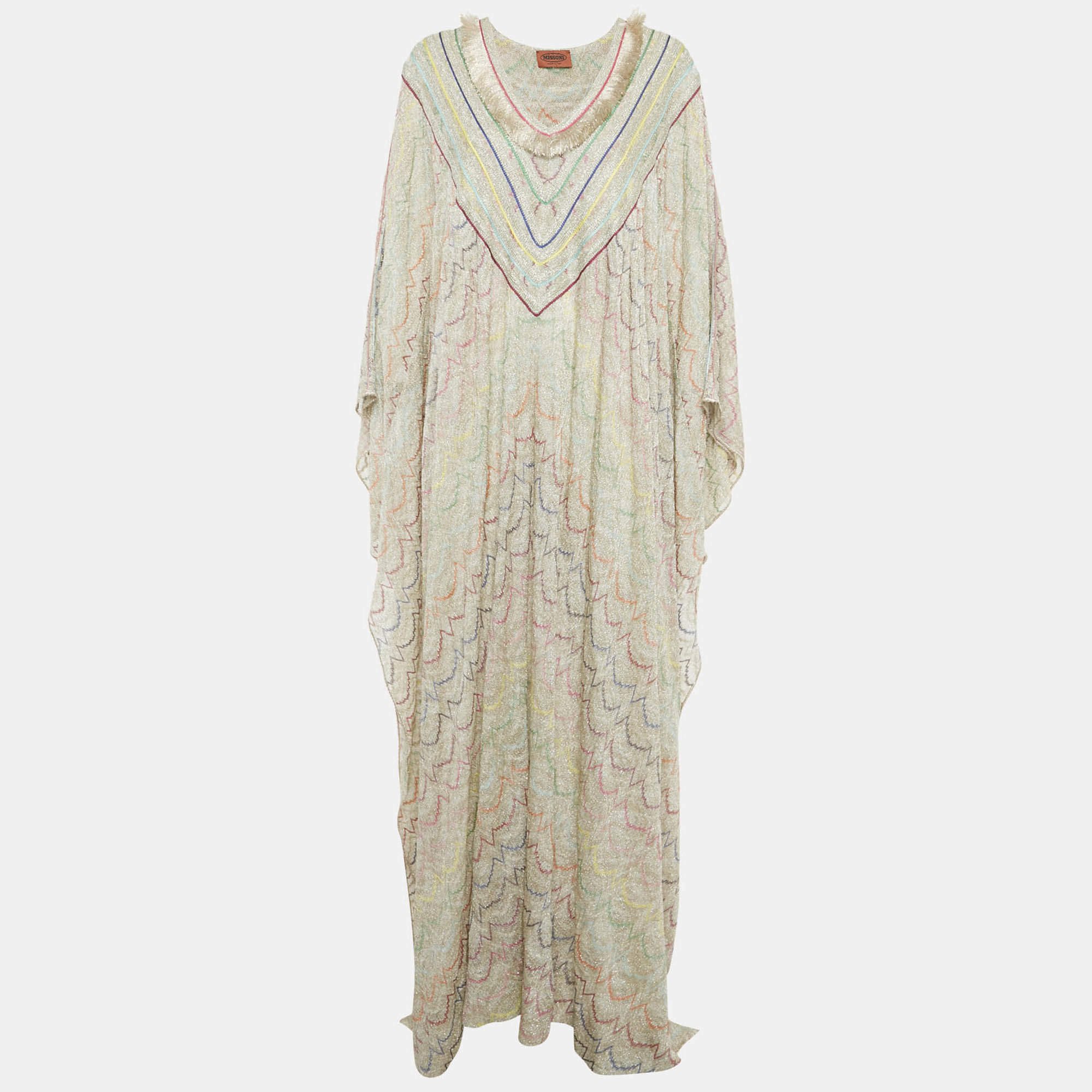Pre Owned Missoni Beige Patterned Lurex Knit Fringed Neckline Kaftan L