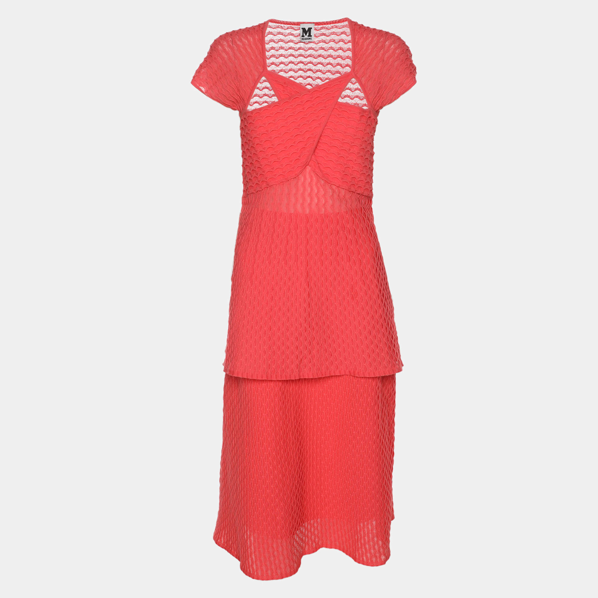 Pre Owned M Missoni Coral Cotton Knit Tops and Midi Skirt Set L