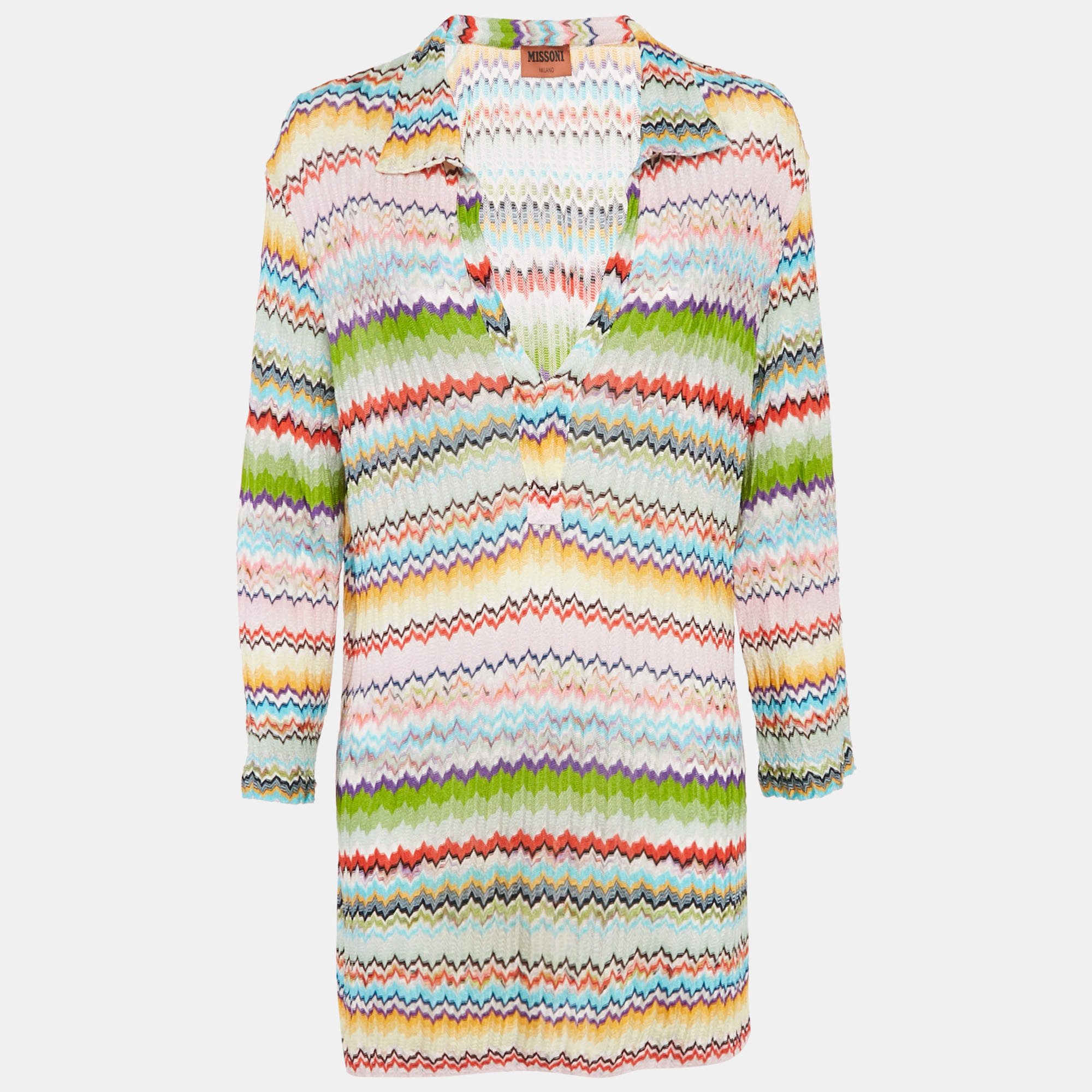 Pre Owned Missoni Multicolor Patterned Knit Plunge Neck Tunic Top M