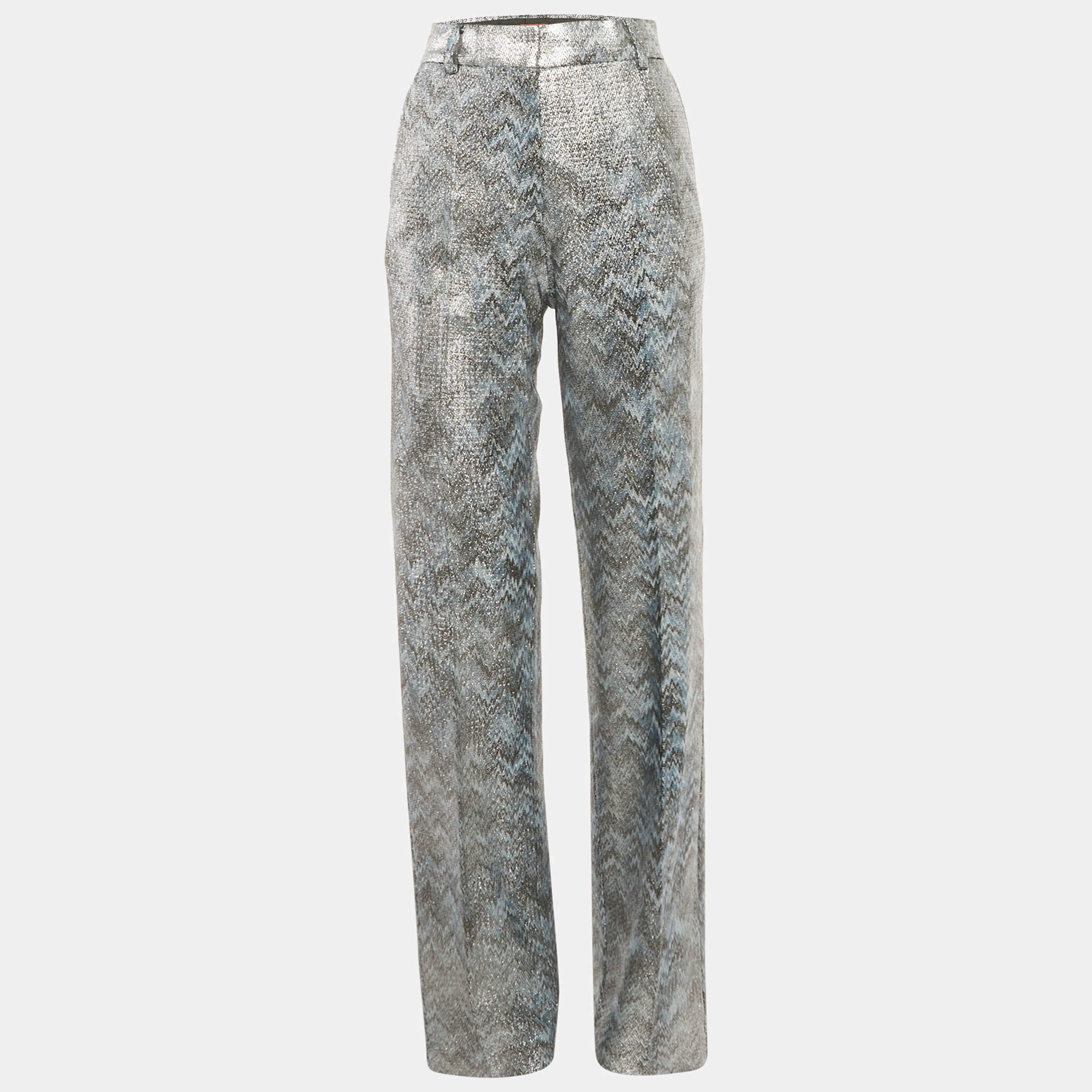 Pre Owned Missoni Silver /Blue Metallic Zig zag Straight Leg Trousers M