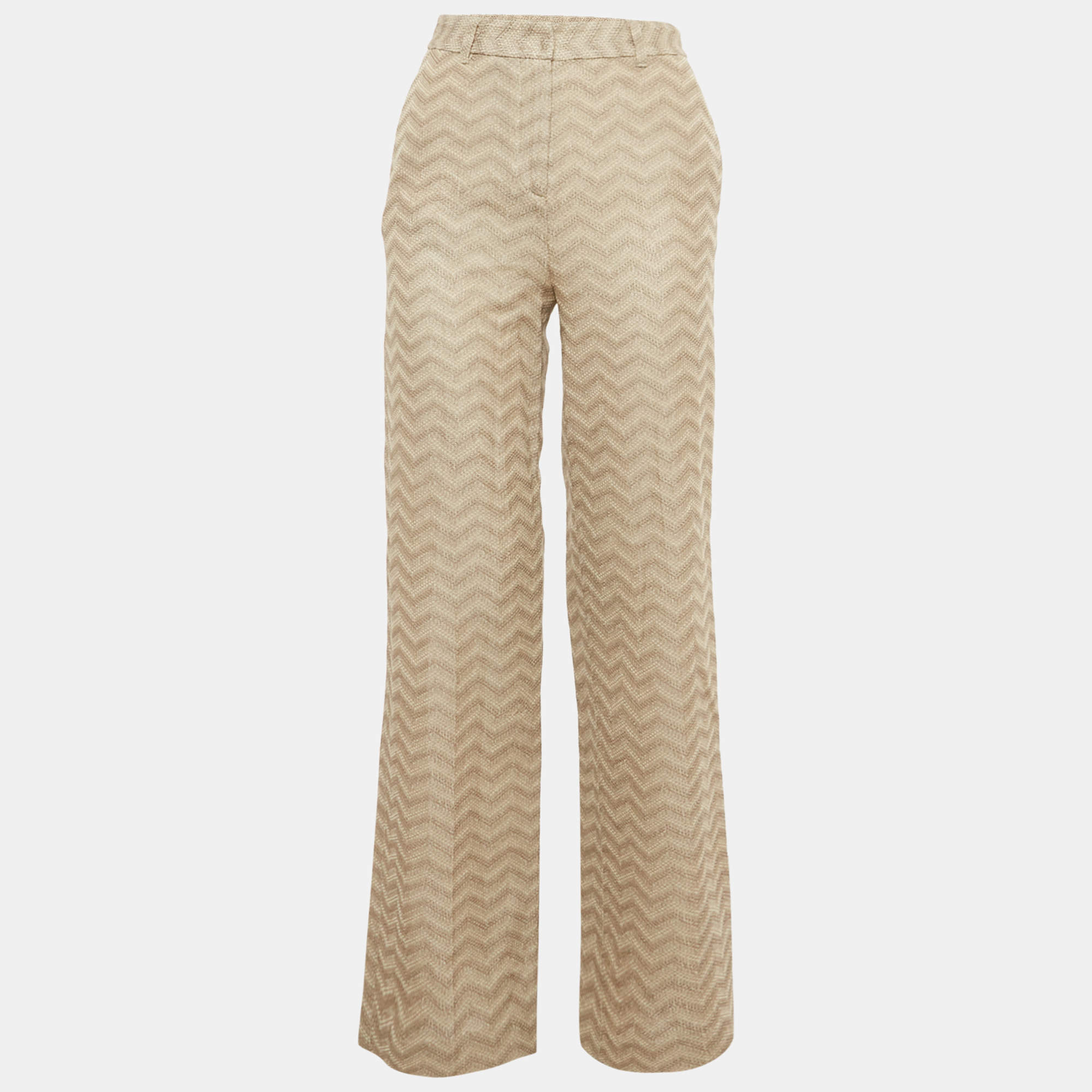 Pre Owned 
بنطلون ميزوني ساق عريضة قطن بنمط شيفرون بيج مقاس وسط (إكسترا صغير) / الخصر 26 بوصة