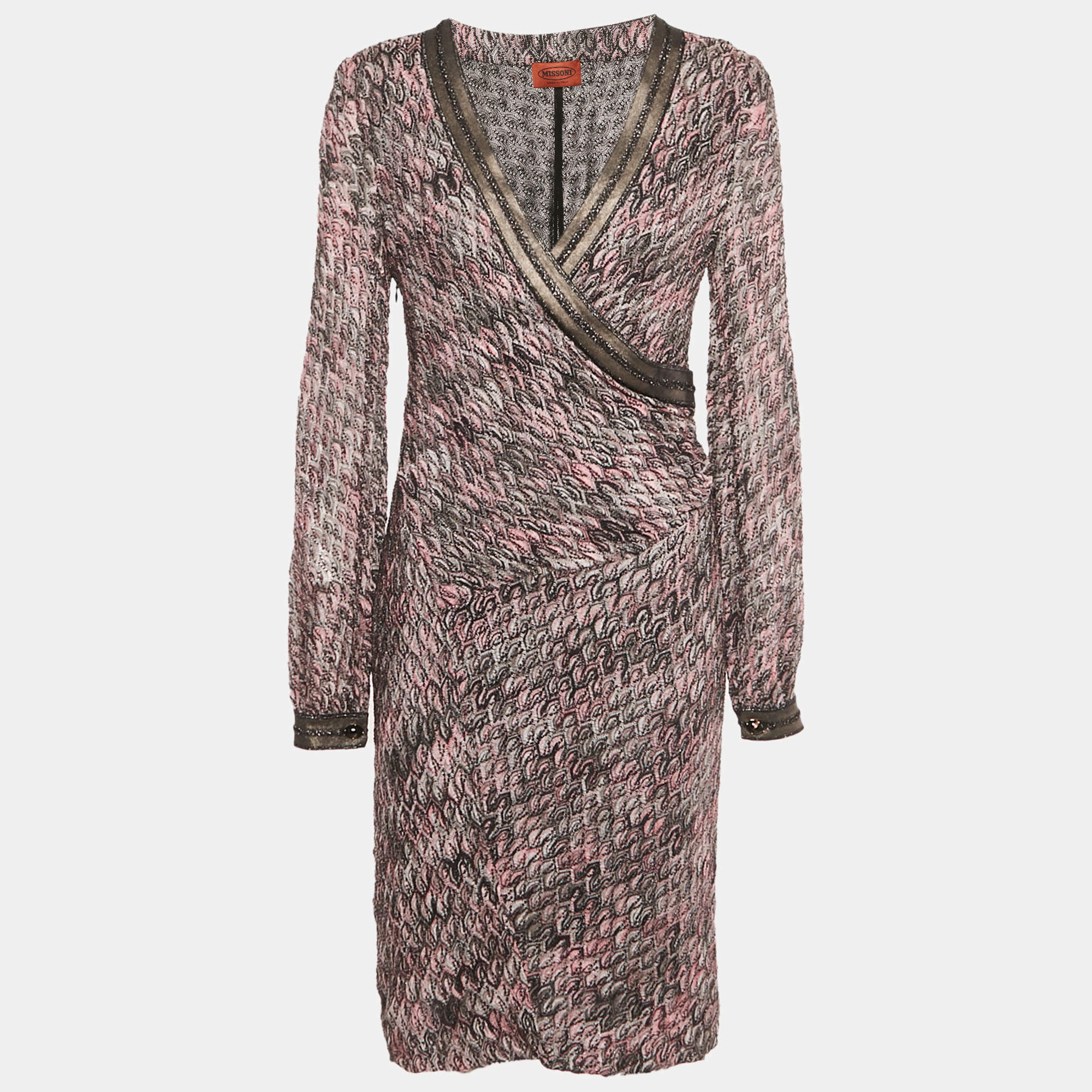 Pre Owned Missoni Pink Patterned Lurex Knit Faux Wrap Midi Dress L