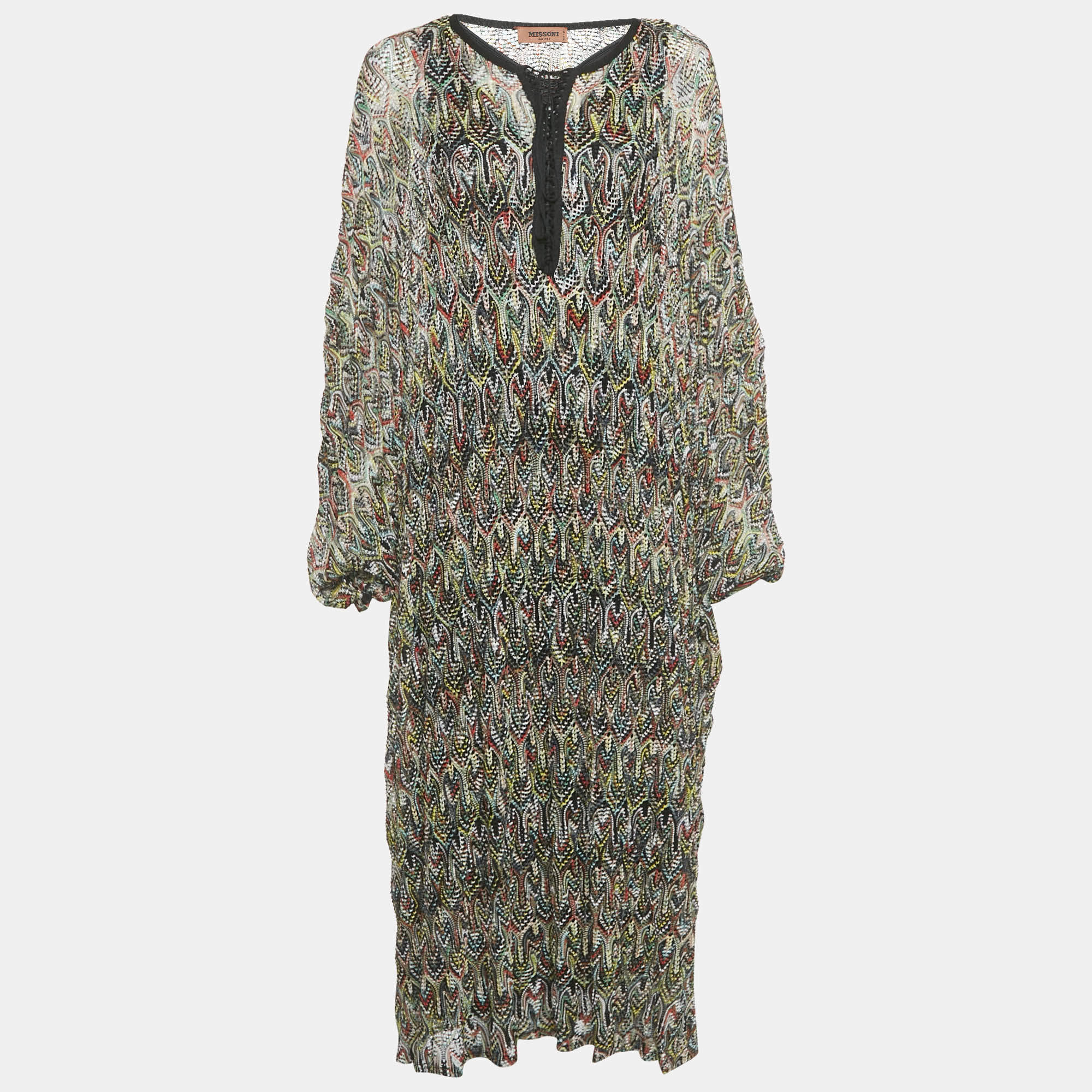 Pre Owned Missoni Dal Black Pattern Knit Lace-Up Kaftan Dress S