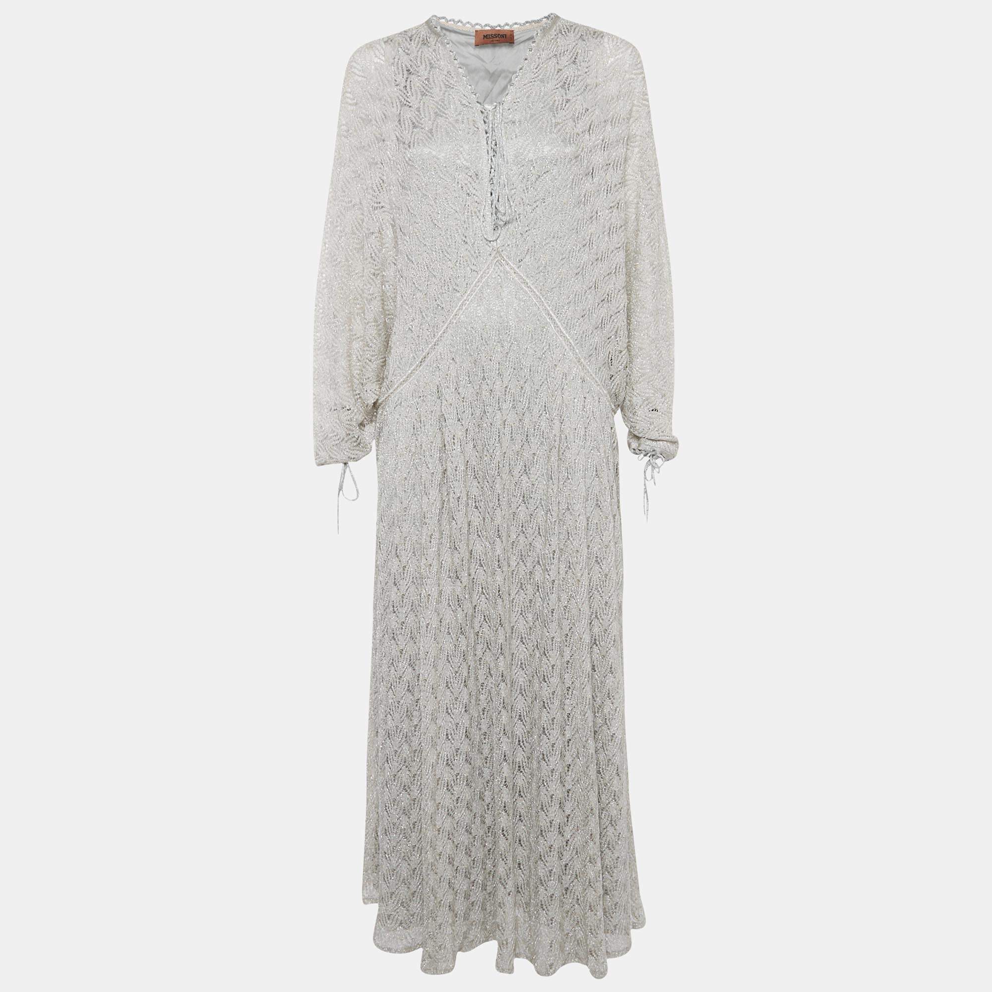 مملوكة مسبقًا Missoni Silver Lurex Knit Kaftan Maxi Dress S