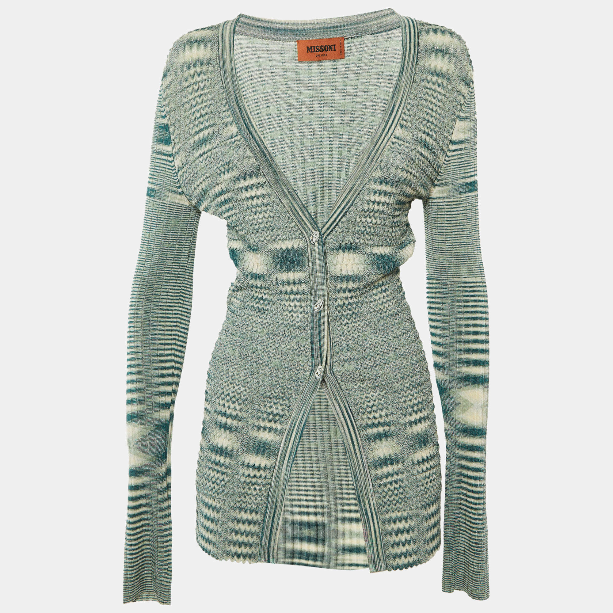 Pre Owned Missoni Teal Green Patterned Knit Cardigan S