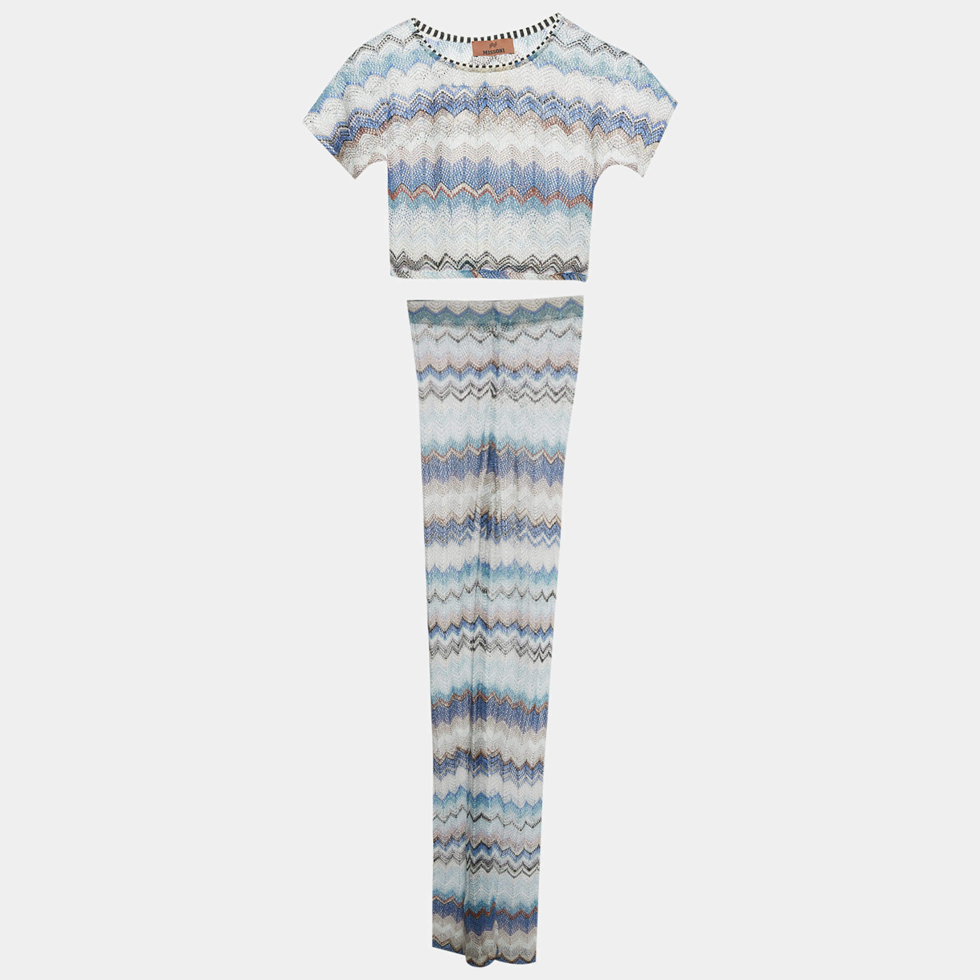 مملوكة مسبقًا Missoni Blue Zig Zag Lurex Crochet Knit Pant & Crop Top Set XS