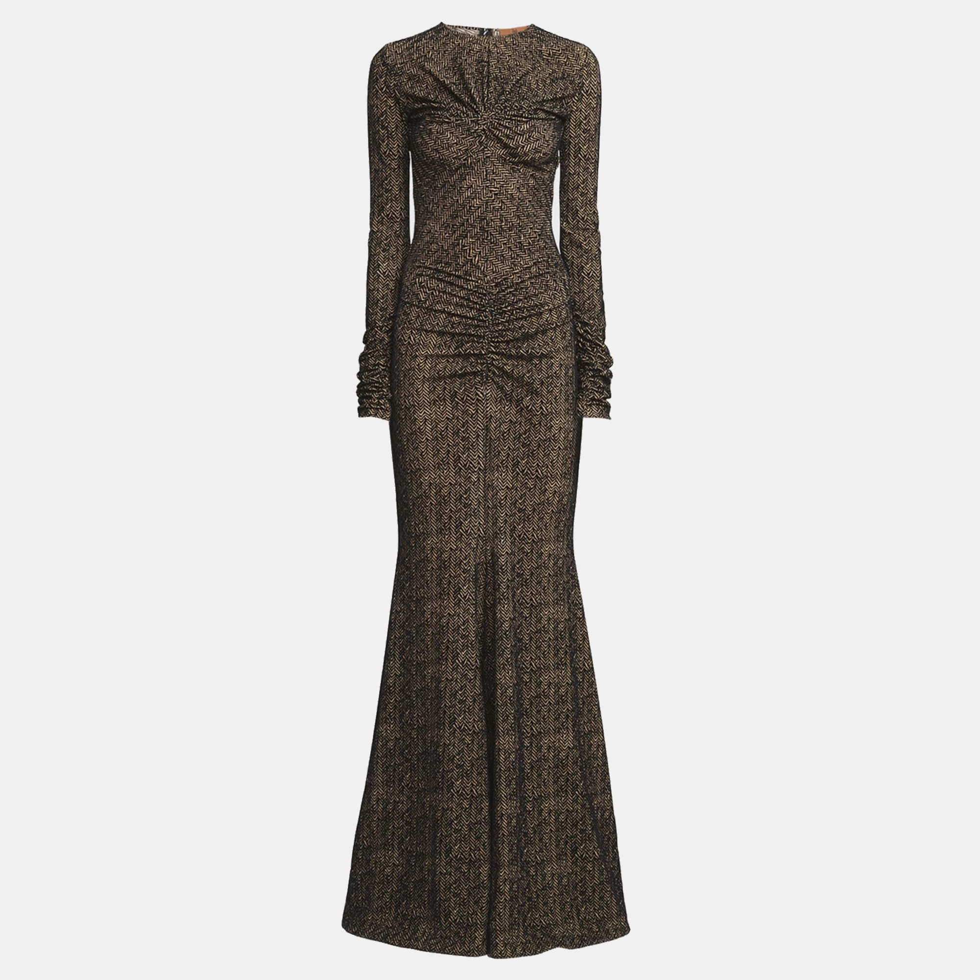 Pre Owned Missoni Beige/Black Flocked Print Tulle Sheer Draped Maxi Dress XS