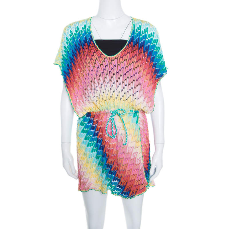 Pre Owned Missoni Mare Multicolor Perforated Patterned Knit Faux Wrap Tie Detail Kaftan Dress S