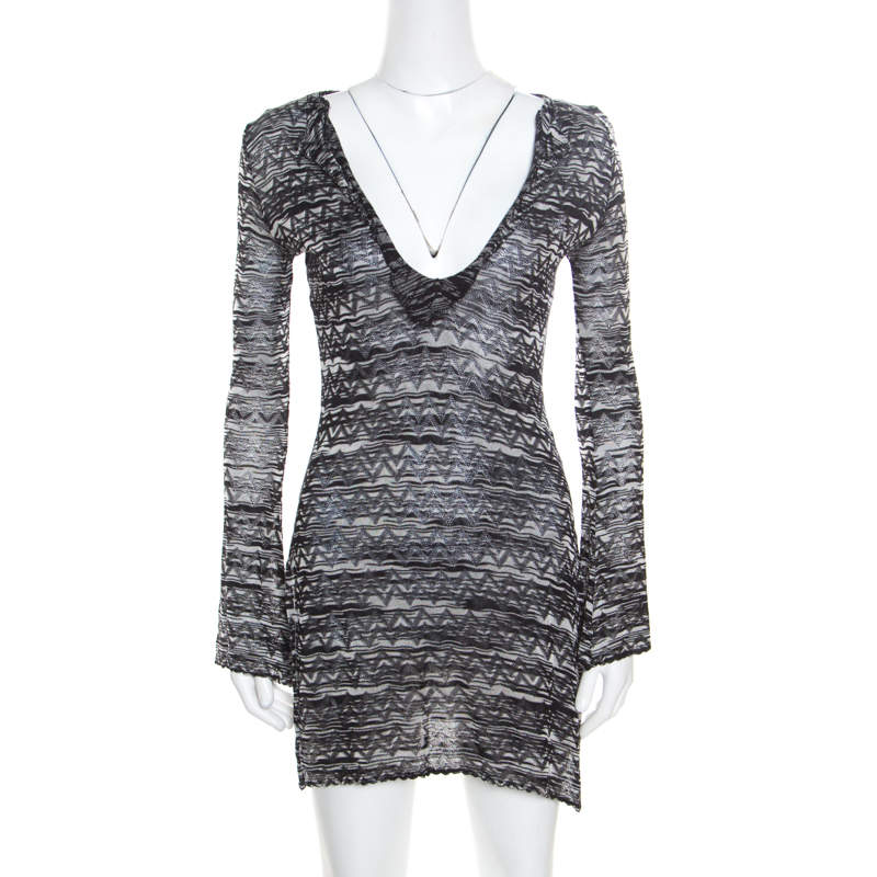 M Missoni Monochrome Chevron Patterned Perforated Knit Flared Sleeve Tunic S