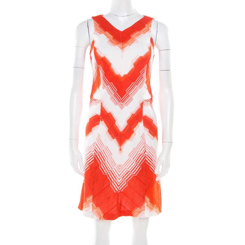 Pre Owned Missoni Orange and White Stretch Knit Sleeveless Sheath Dress S