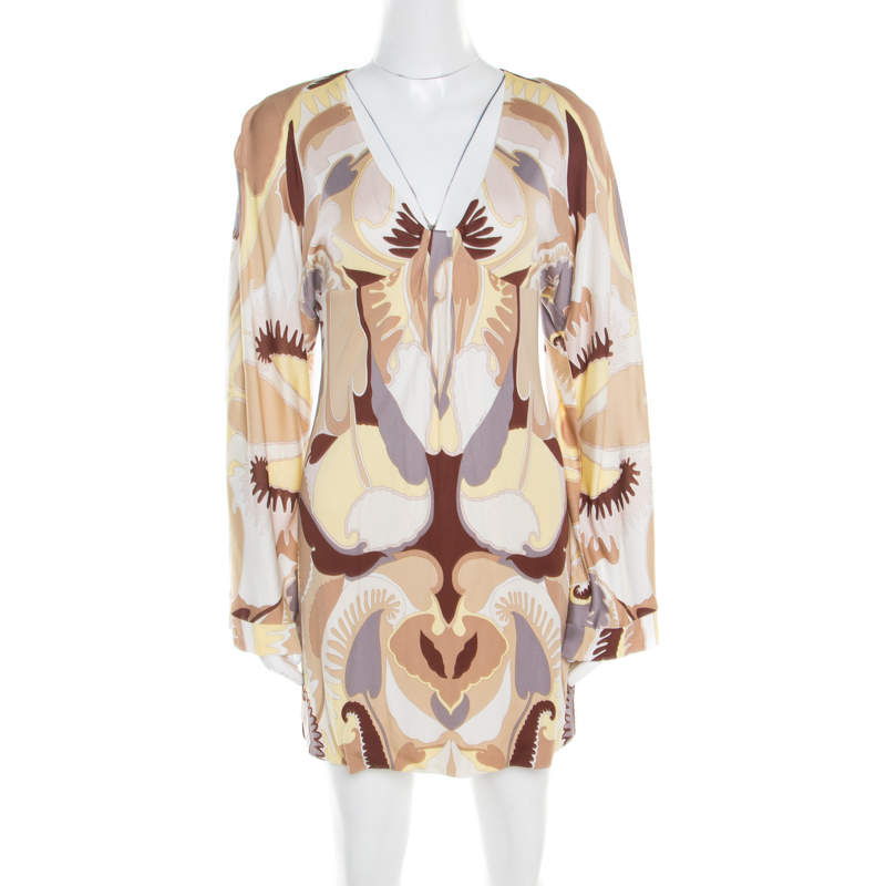 Missoni Multicolor Printed Jersey Plunge Neck Long Sleeve Dress S
