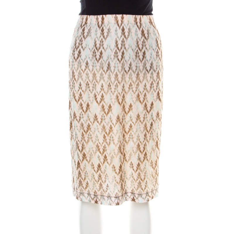 Pre Owned Missoni Pink and Brown Perforated Knit Elasticized Waist Skirt L