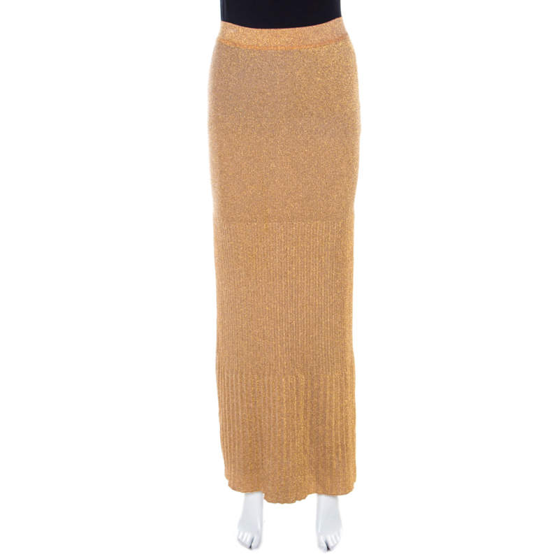 Pre Owned Missoni Metallic Gold Knit Pleated Maxi Skirt S