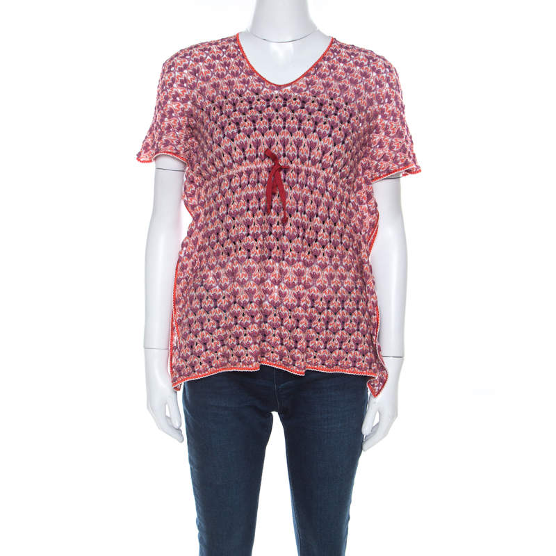Pre Owned Missoni Purple and Orange Perforated Knit Drawstring Detail Top M 