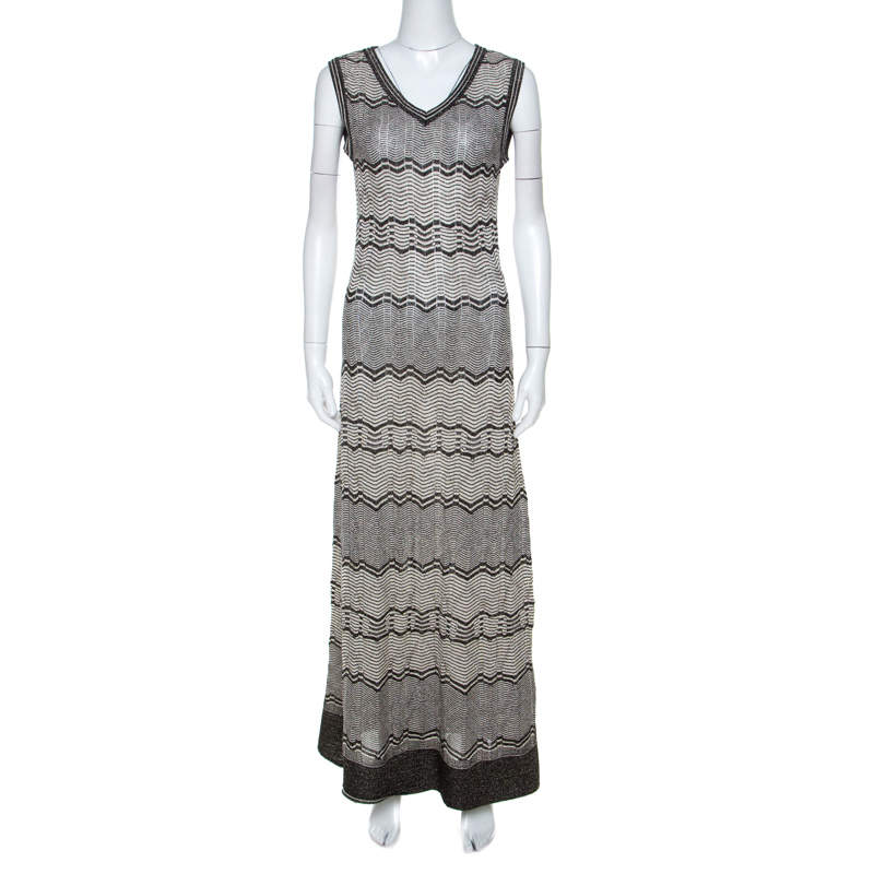 Pre Owned M Missoni Cream Black Gold Lurex Knit Striped Pattern Maxi Dress M