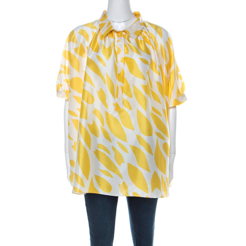 Pre Owned Missoni Yellow & White Printed Silk Collared Short Sleeve Oversized Blouse S