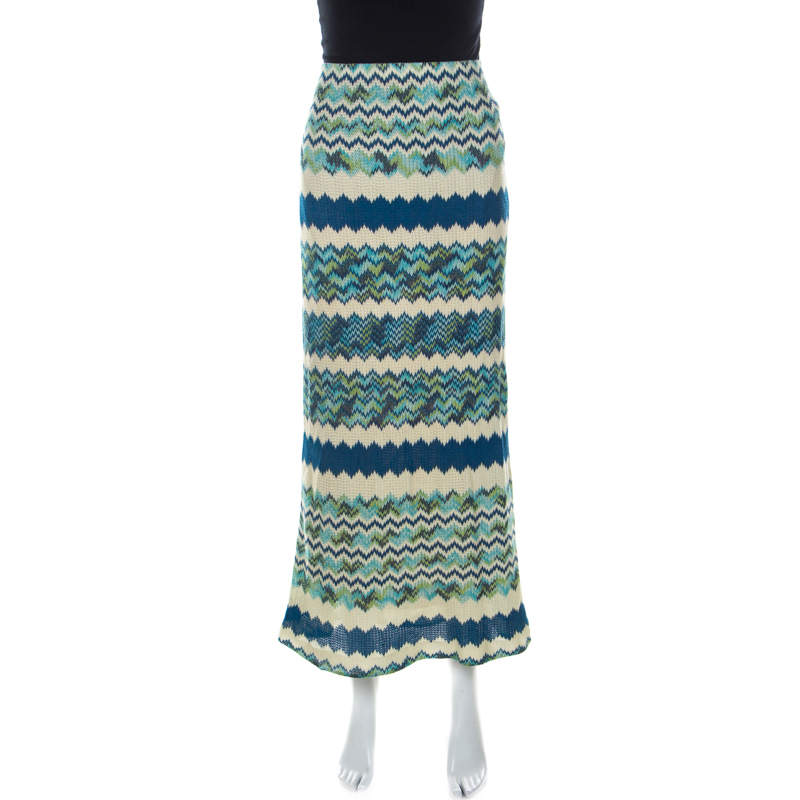 Pre Owned M Missoni Multicolor Chevron Pattern Crochet Knit Maxi Skirt M
