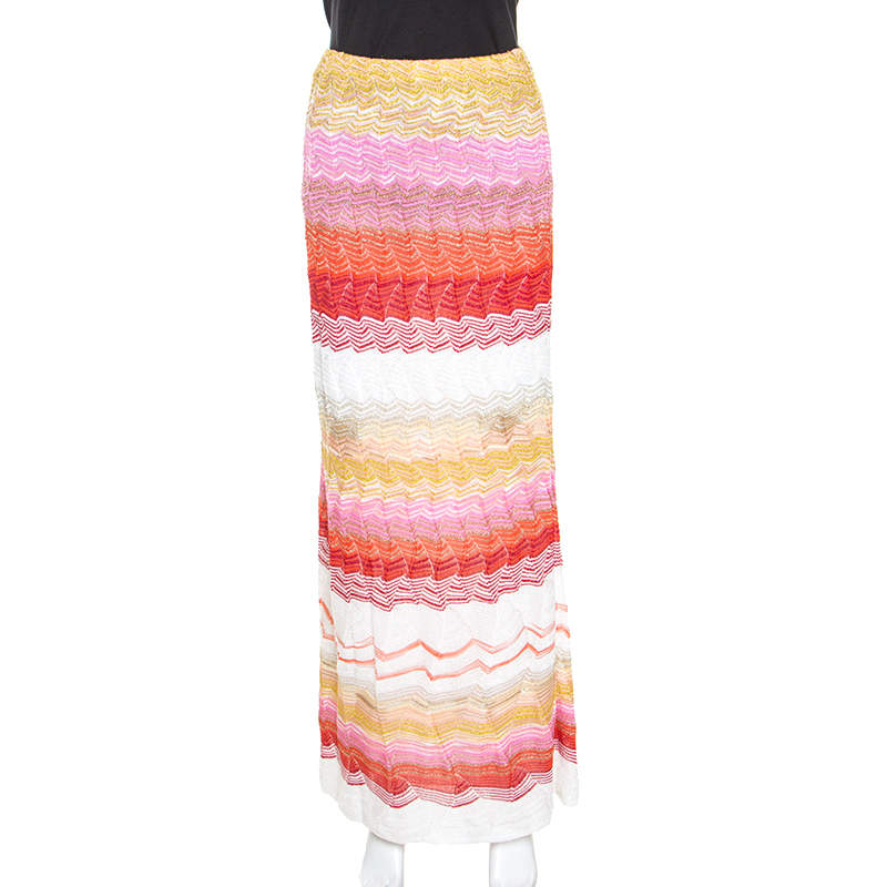 Missoni Multicolor Chevron Pattern Metallic Crochet Knit Maxi Skirt M ...