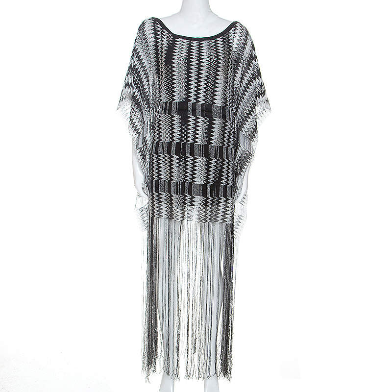 Pre Owned Missoni Monochrome Chevron Knit Fringe Detail Dress M