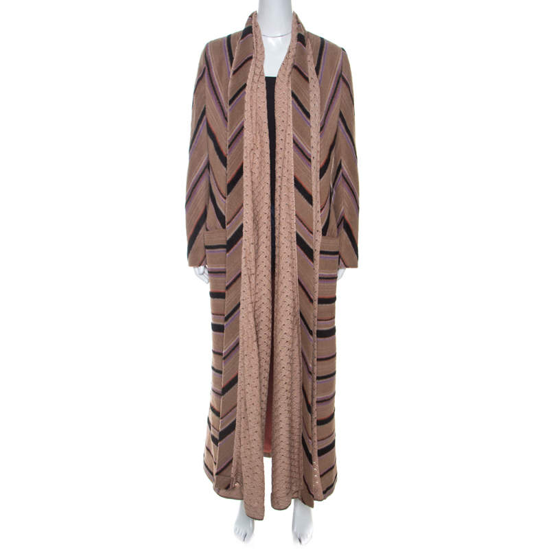 Pre Owned Missoni Beige Striped Alpaca Blend Crocket Trimmed Coat S