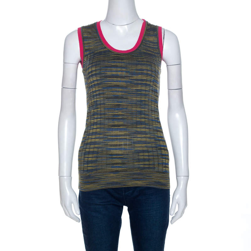 Pre Owned M Missoni Green Knit Contrast Trim Sleeveless Tank Top M