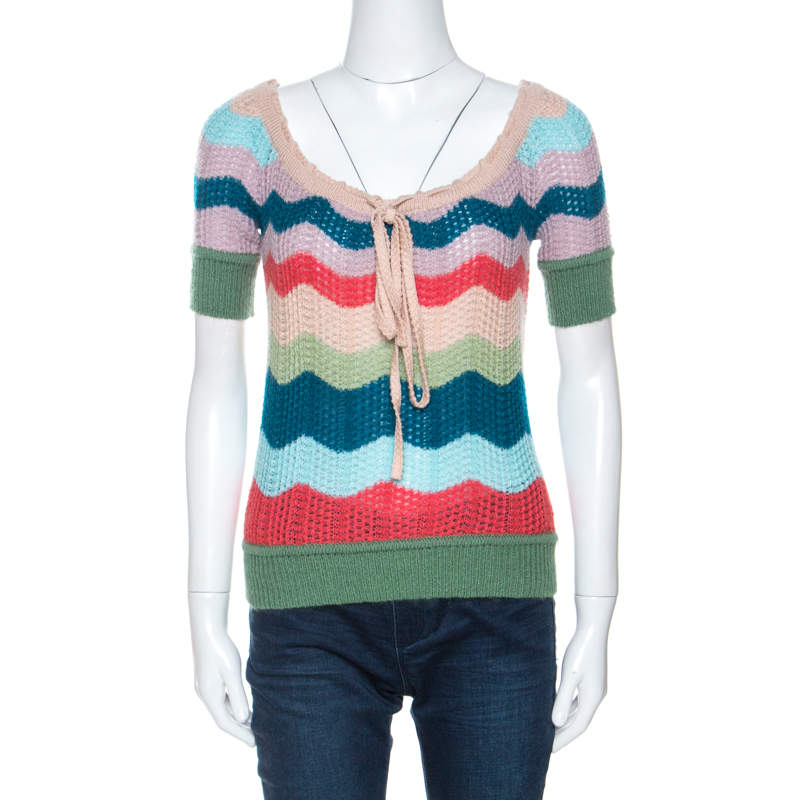 Pre Owned Missoni Multicolor Striped Wool Short Sleeve Top S 