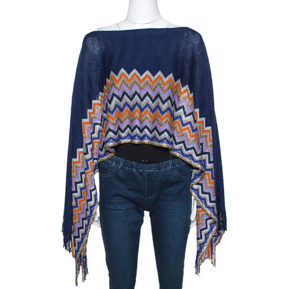 Pre Owned Missoni Navy Blue Chevron Lurex Knit Fringed Poncho One Size