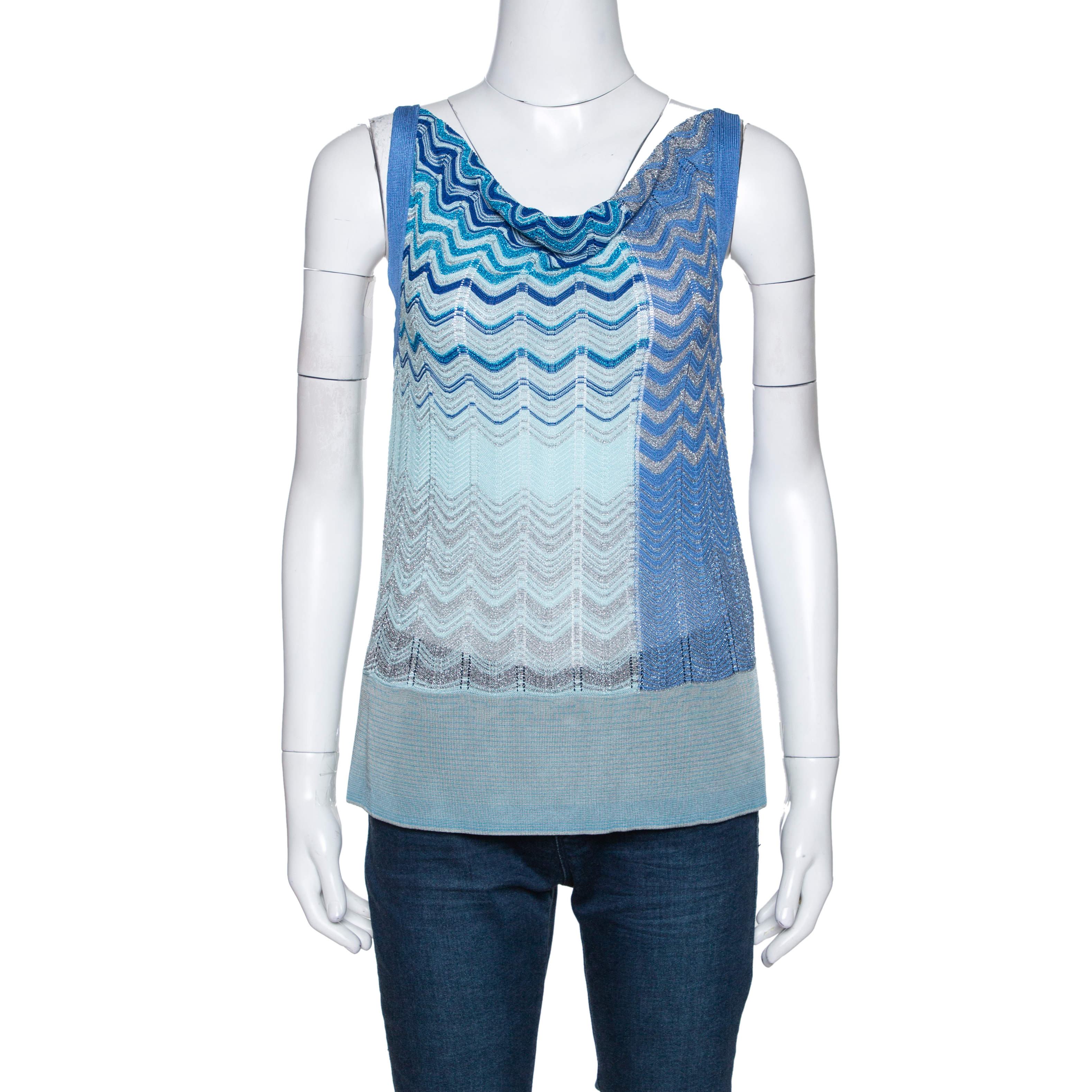 Pre Owned Missoni Blue Lurex Knit Cowl Neck Sleeveless Top S