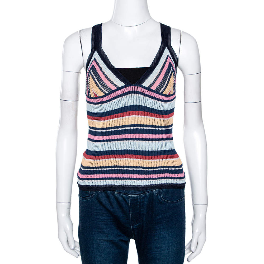 Pre Owned Missoni Multicolor Striped Rib Knit V Neck Tank Top M